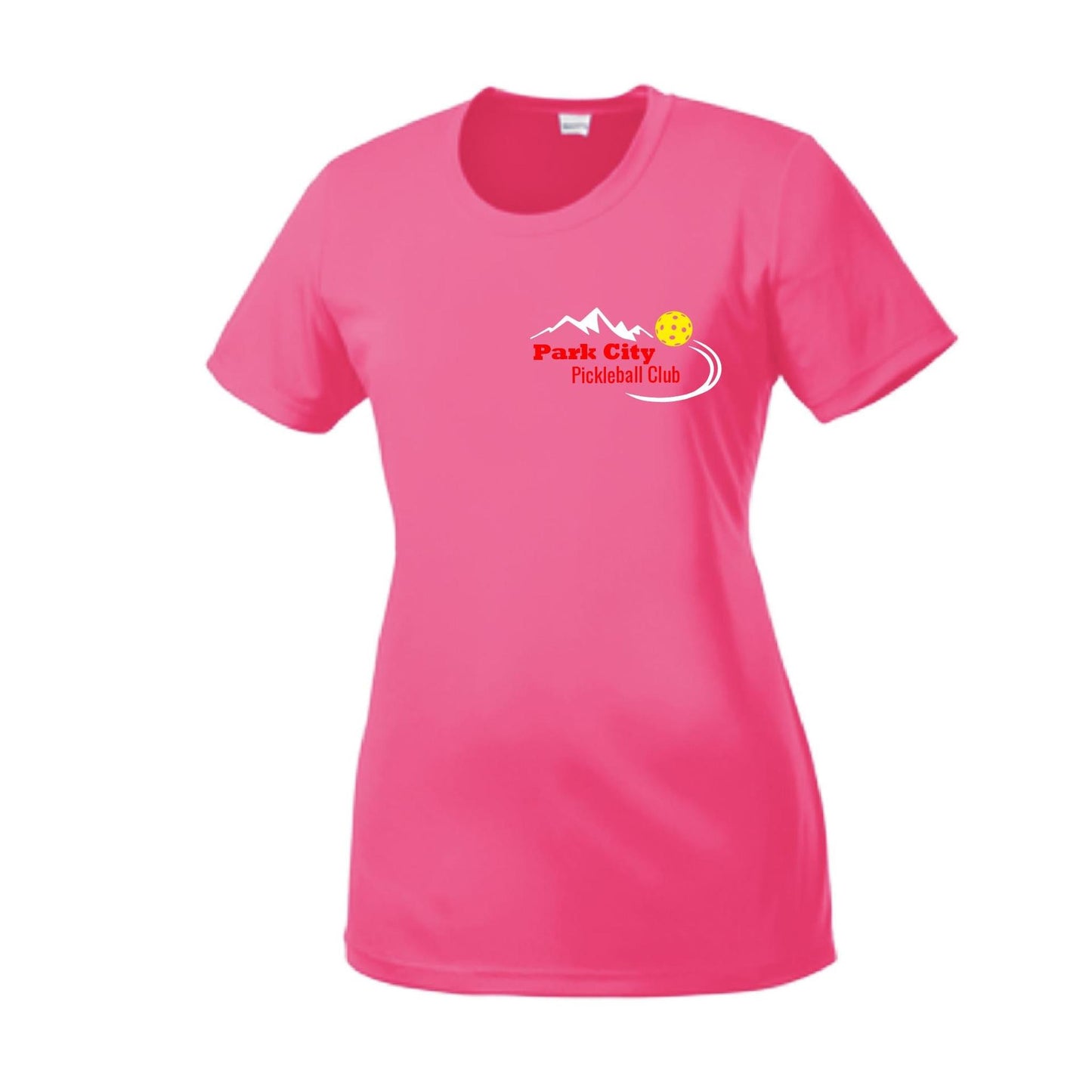 Park City Pickleball Club (Red Words) Customizable | Women’s Short Sleeve Crewneck Pickleball Performance T-Shirts | 100% Polyester