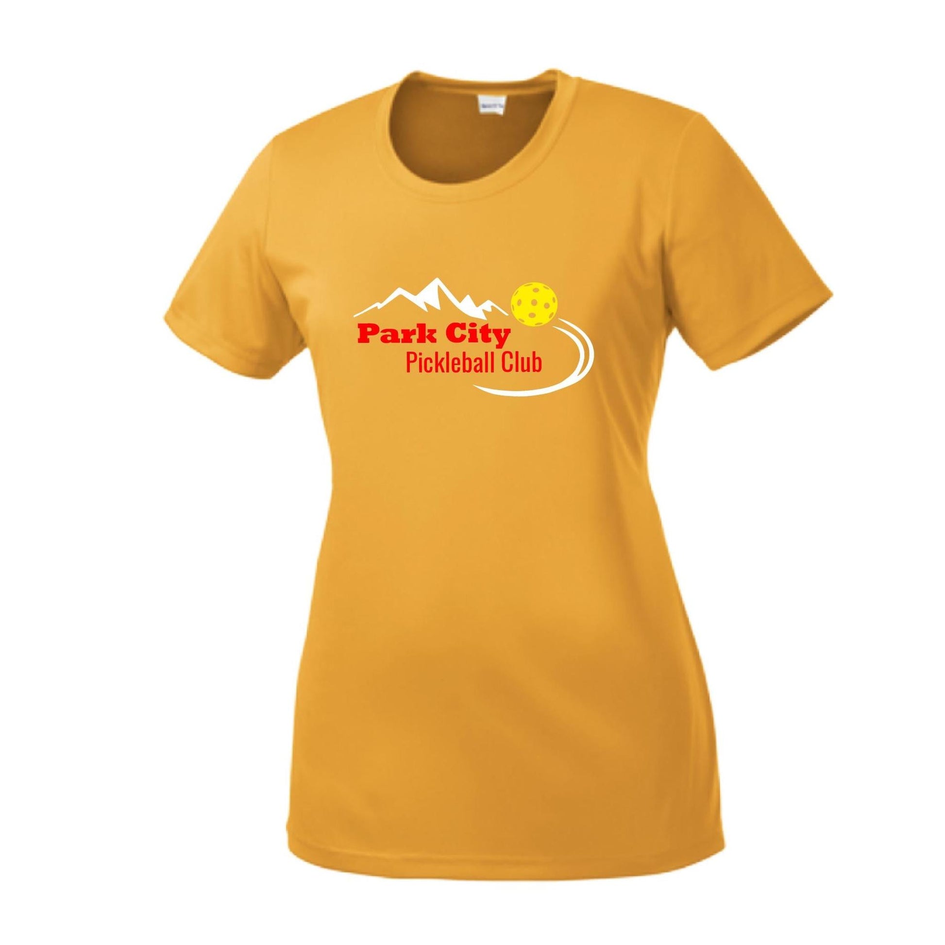 Park City Pickleball Club (Red Words) Customizable | Women’s Short Sleeve Crewneck Pickleball Performance T-Shirts | 100% Polyester