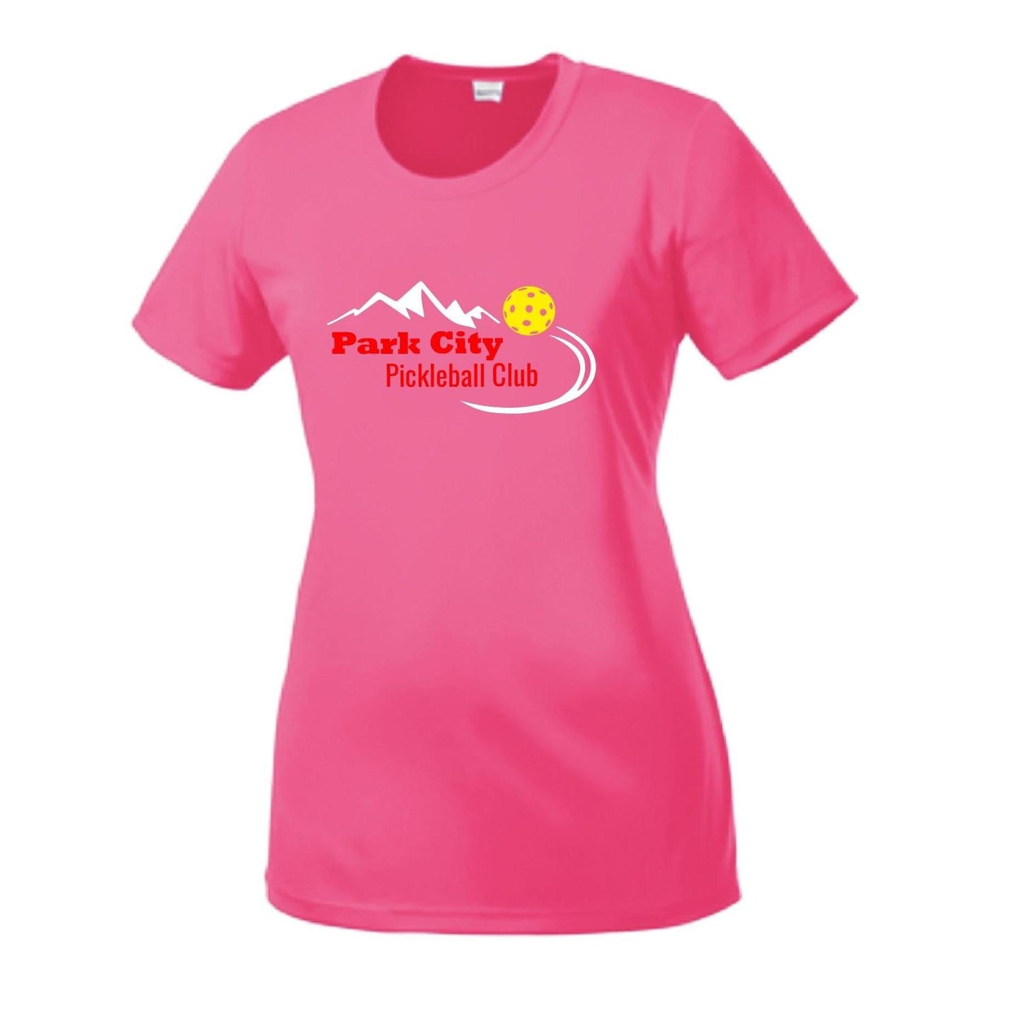 Park City Pickleball Club (Red Words) Customizable | Women’s Short Sleeve Crewneck Pickleball Performance T-Shirts | 100% Polyester