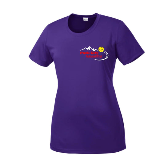 Park City Pickleball Club (Red Words) Customizable | Women’s Short Sleeve Crewneck Pickleball Performance T-Shirts | 100% Polyester
