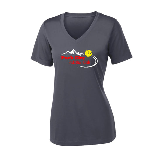 Park City Pickleball Club (Red Words) Customizable | Women's Short Sleeve V-Neck Pickleball Performance T-Shirts | 100% Polyester