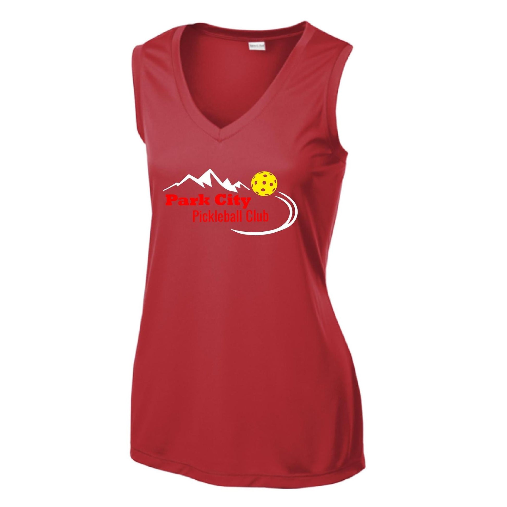 Park City Pickleball Club (Red Words) Customizable | Women’s Sleeveless Athletic Performance T-Shirt | 100% Polyester