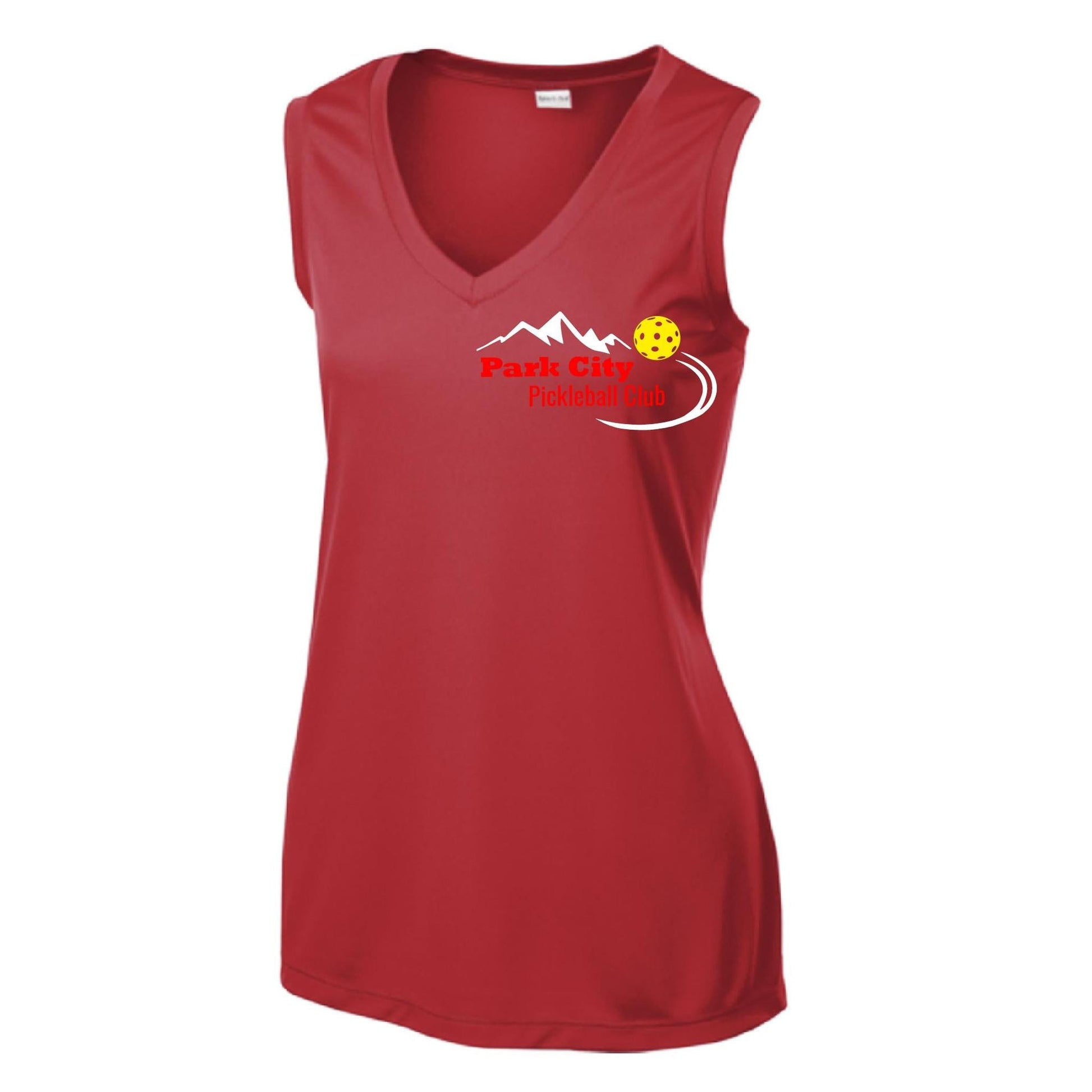 Park City Pickleball Club (Red Words) Customizable | Women’s Sleeveless Athletic Performance T-Shirt | 100% Polyester
