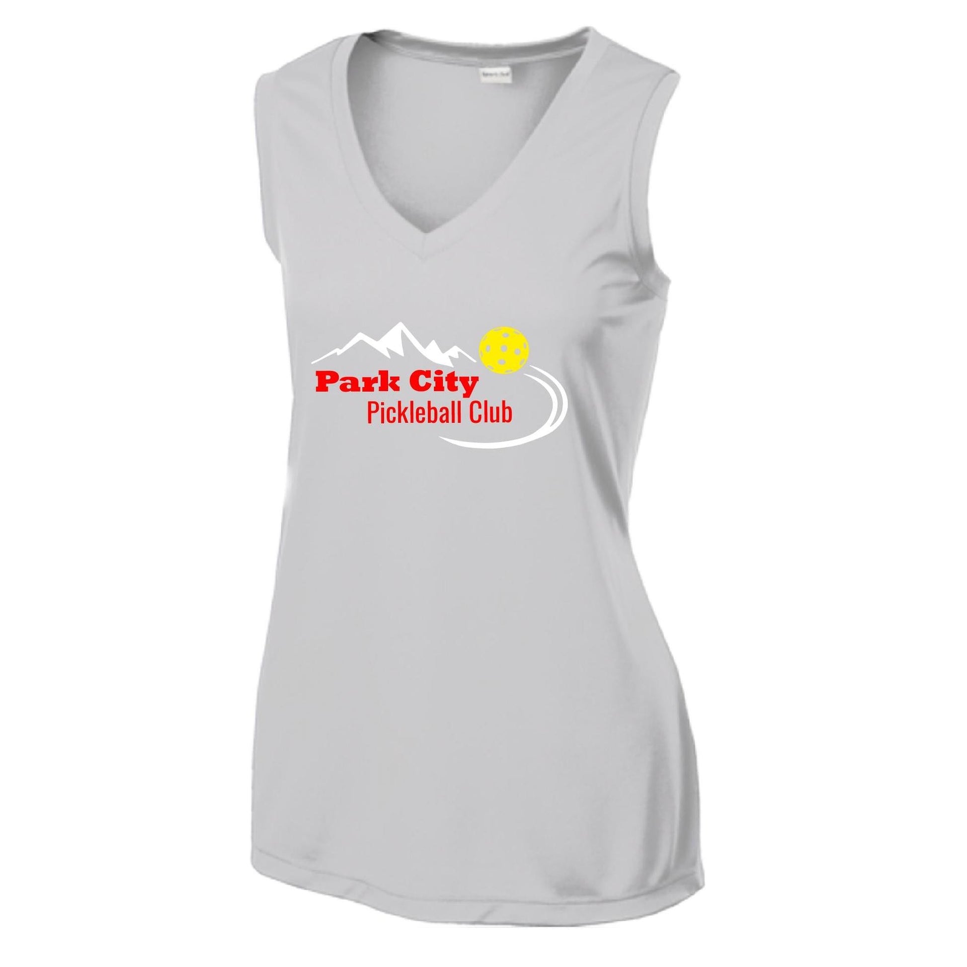 Park City Pickleball Club (Red Words) Customizable | Women’s Sleeveless Athletic Performance T-Shirt | 100% Polyester