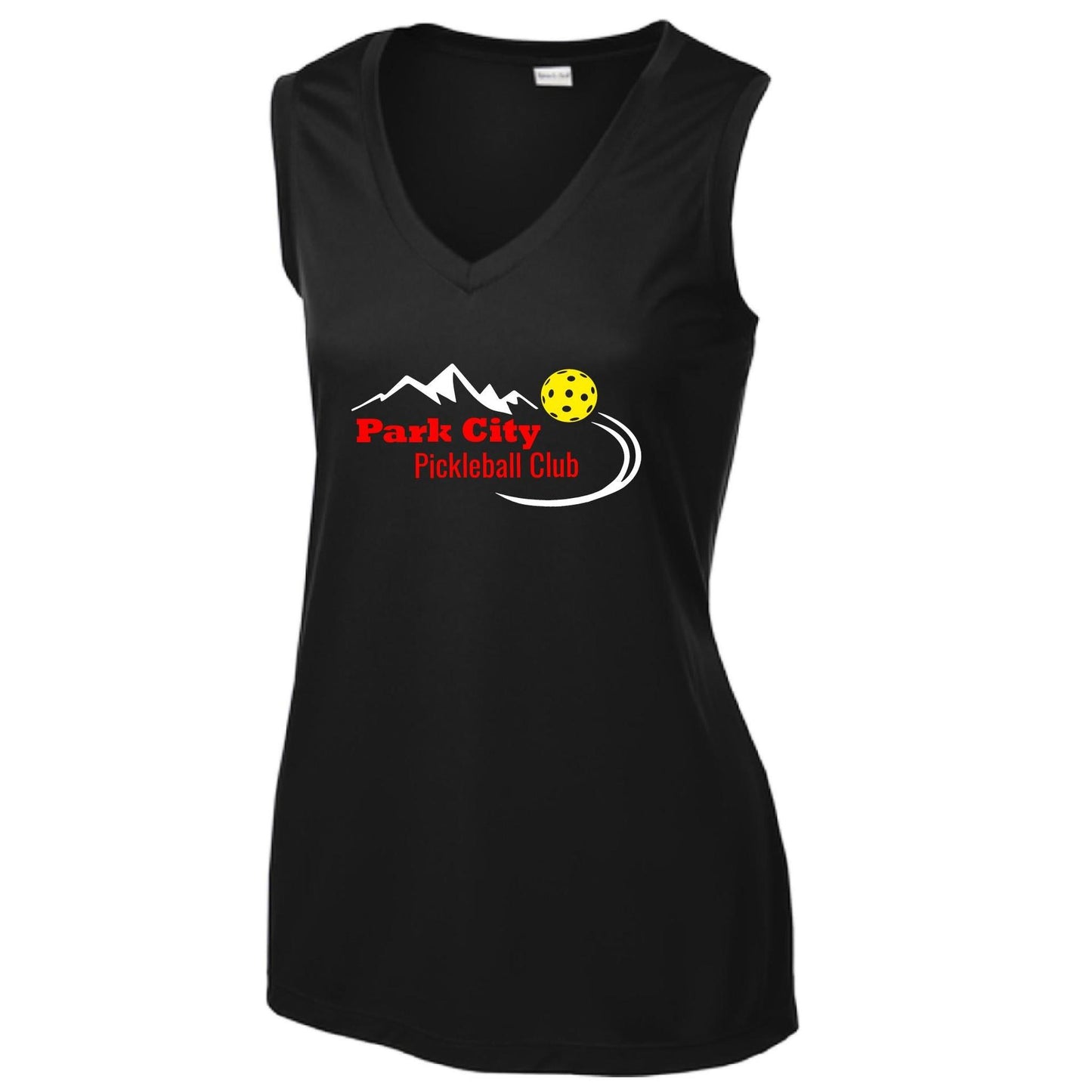 Park City Pickleball Club (Red Words) Customizable | Women’s Sleeveless Athletic Performance T-Shirt | 100% Polyester