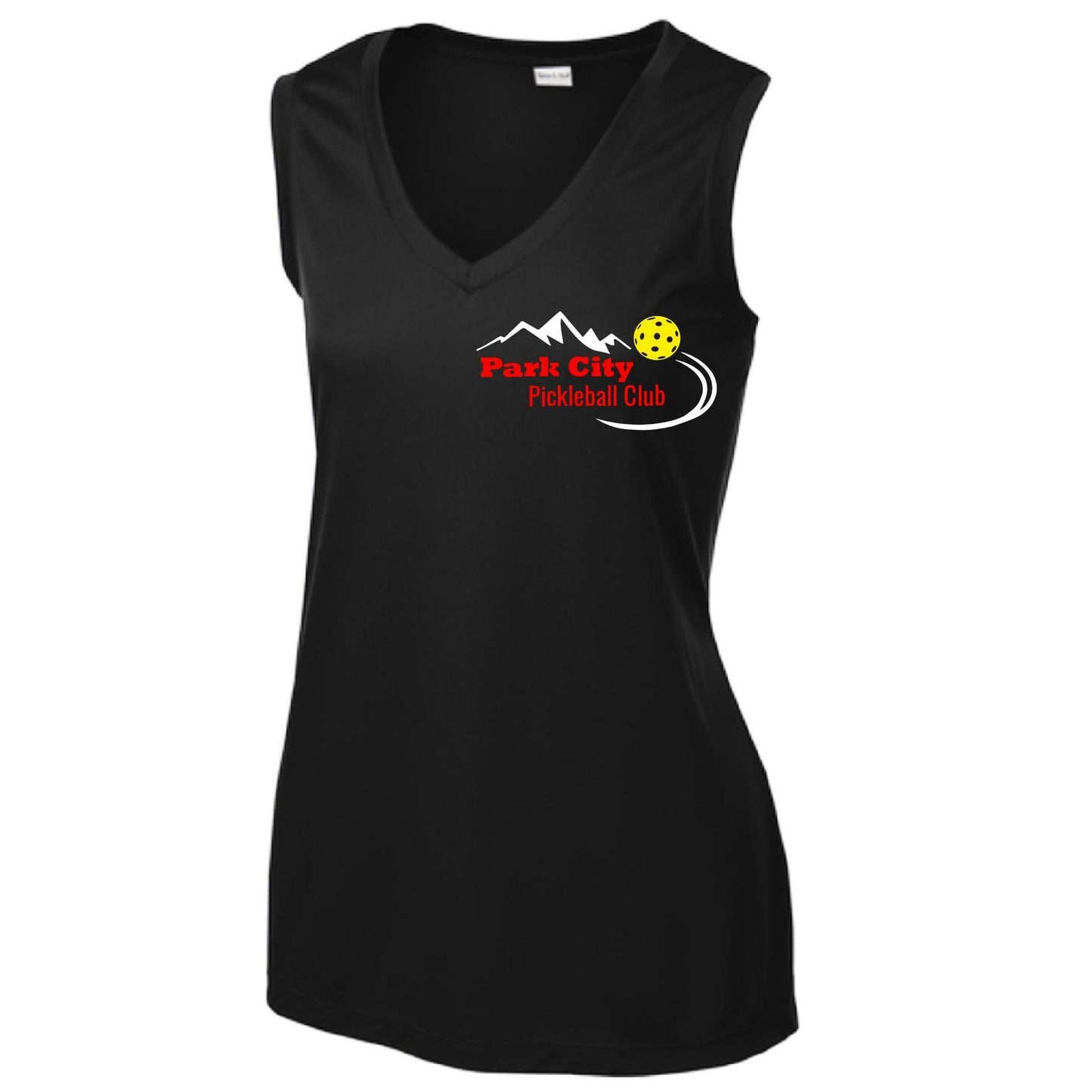 Park City Pickleball Club (Red Words) Customizable | Women’s Sleeveless Athletic Performance T-Shirt | 100% Polyester