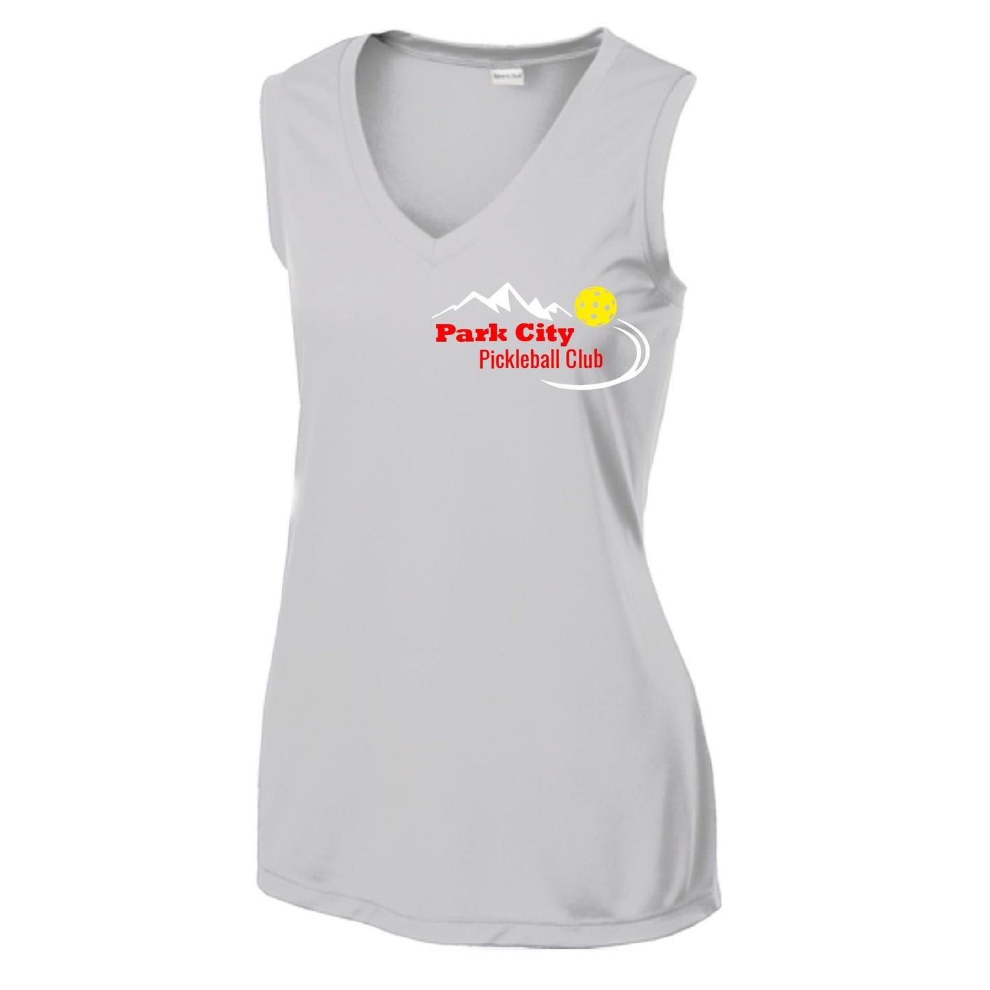 Park City Pickleball Club (Red Words) Customizable | Women’s Sleeveless Athletic Performance T-Shirt | 100% Polyester