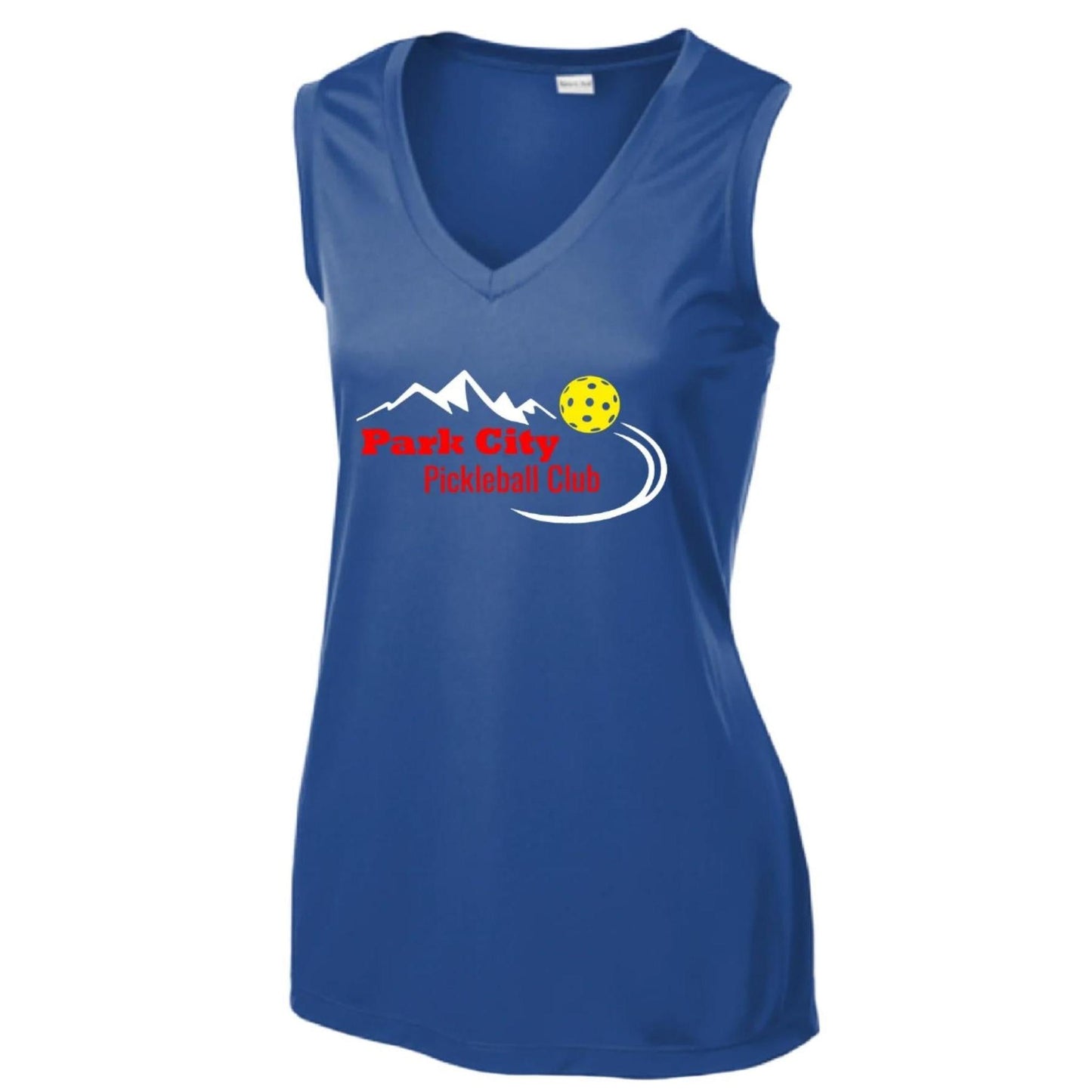 Park City Pickleball Club (Red Words) Customizable | Women’s Sleeveless Athletic Performance T-Shirt | 100% Polyester
