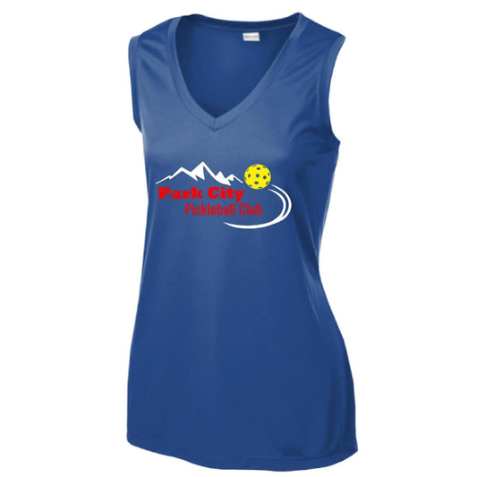 Park City Pickleball Club (Red Words) Customizable | Women’s Sleeveless Athletic Performance T-Shirt | 100% Polyester