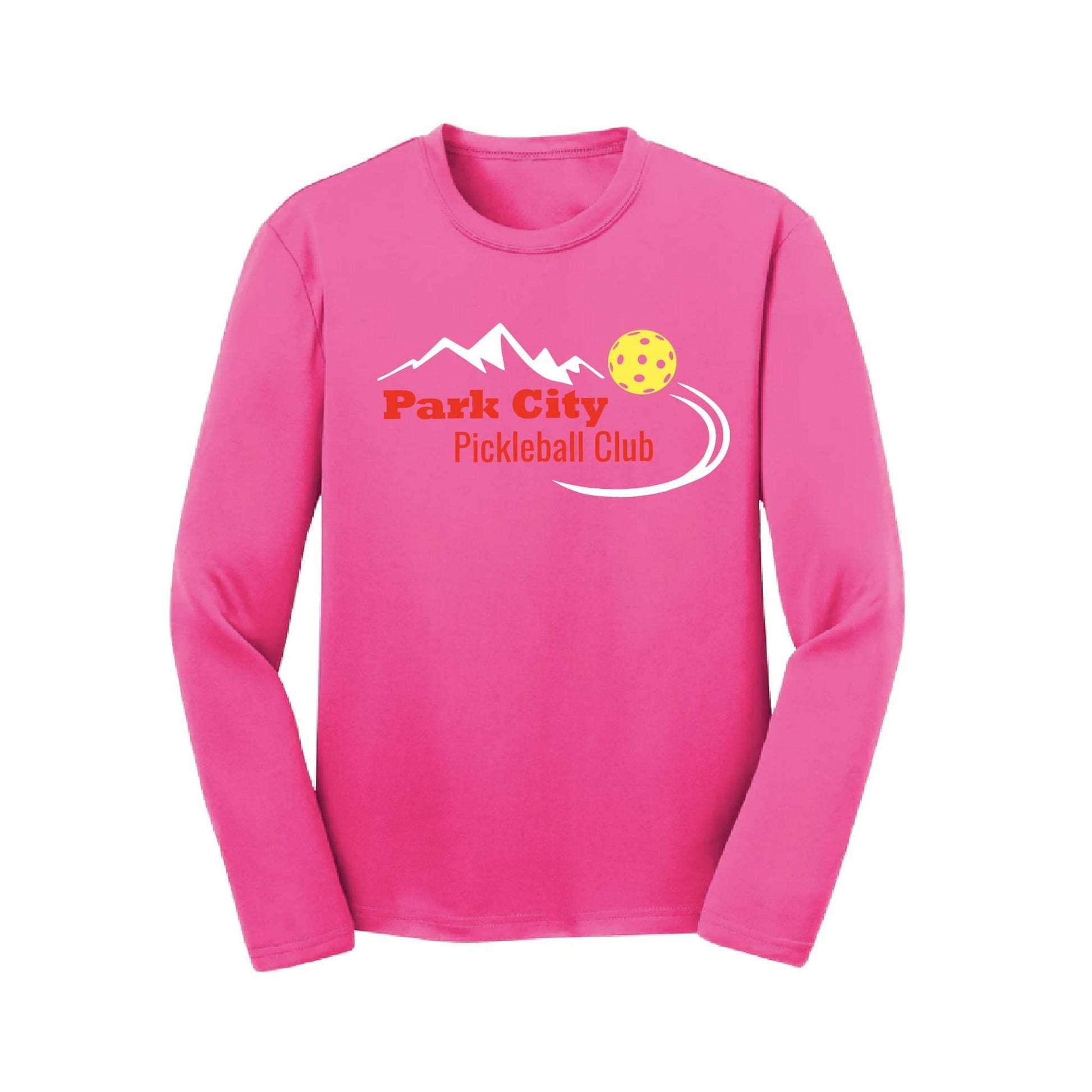 Park City Pickleball Club (Red Words) | Youth Long Sleeve Pickleball Performance T-Shirts | 100% Polyester
