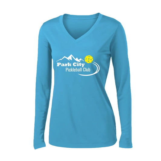 Park City Pickleball Club (White) | Women's Long Sleeve V-Neck Pickleball Performance T-Shirts | 100% Polyester