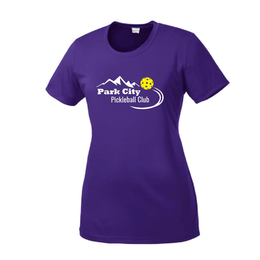 Park City Pickleball Club (White Words) Custom | Women’s Short Sleeve Crewneck Pickleball Performance T-Shirts | 100% Polyester