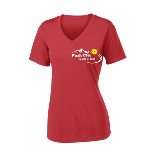 Park City Pickleball Club (White Words) Custom | Women's Short Sleeve V-Neck Pickleball Performance T-Shirts | 100% Polyester