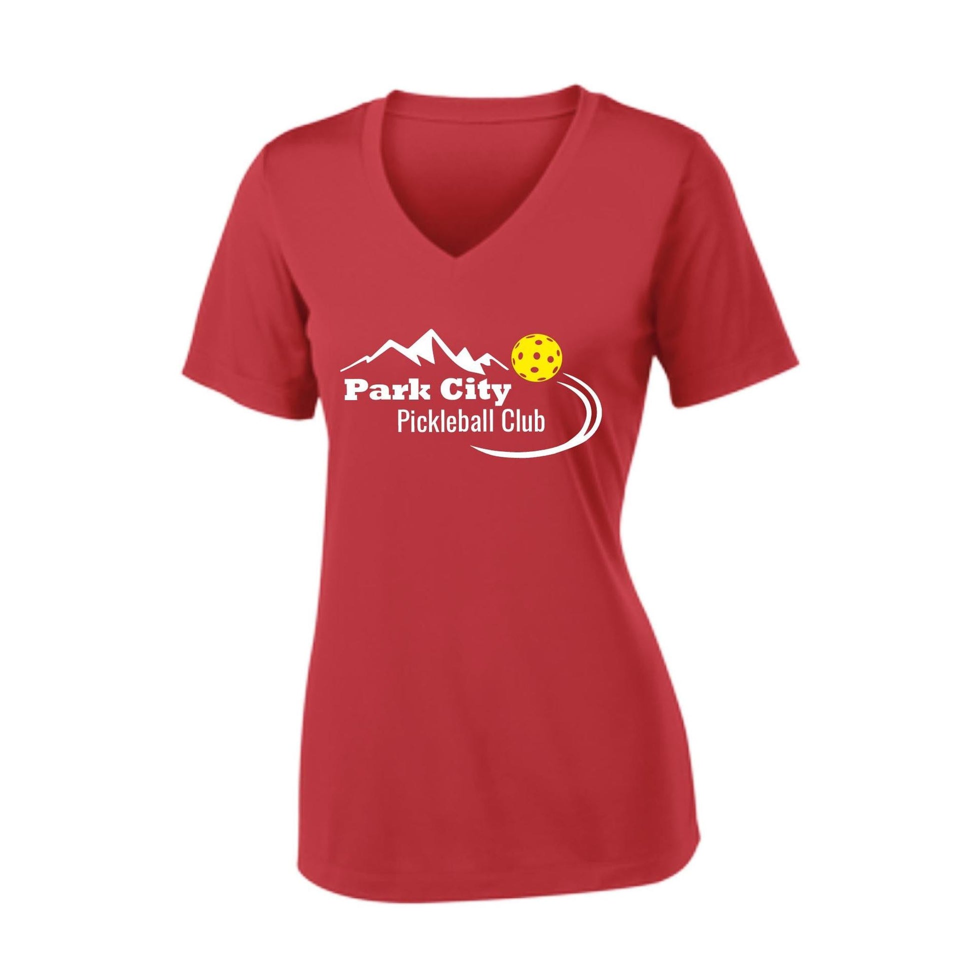 Park City Pickleball Club (White Words) Customizable | Women's Short Sleeve V-Neck Pickleball Performance T-Shirts | 100% Polyester