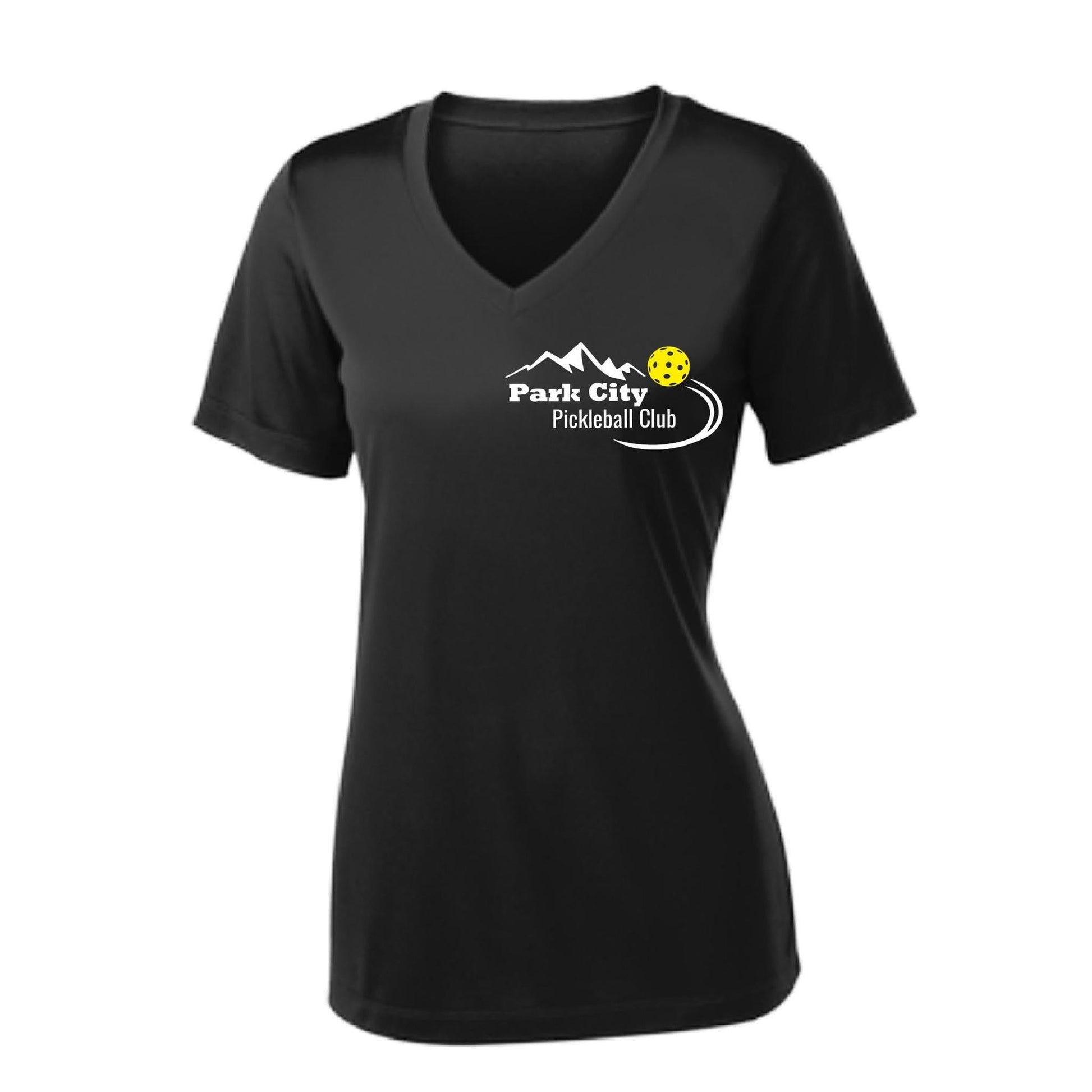 Park City Pickleball Club (White Words) Customizable | Women's Short Sleeve V-Neck Pickleball Performance T-Shirts | 100% Polyester