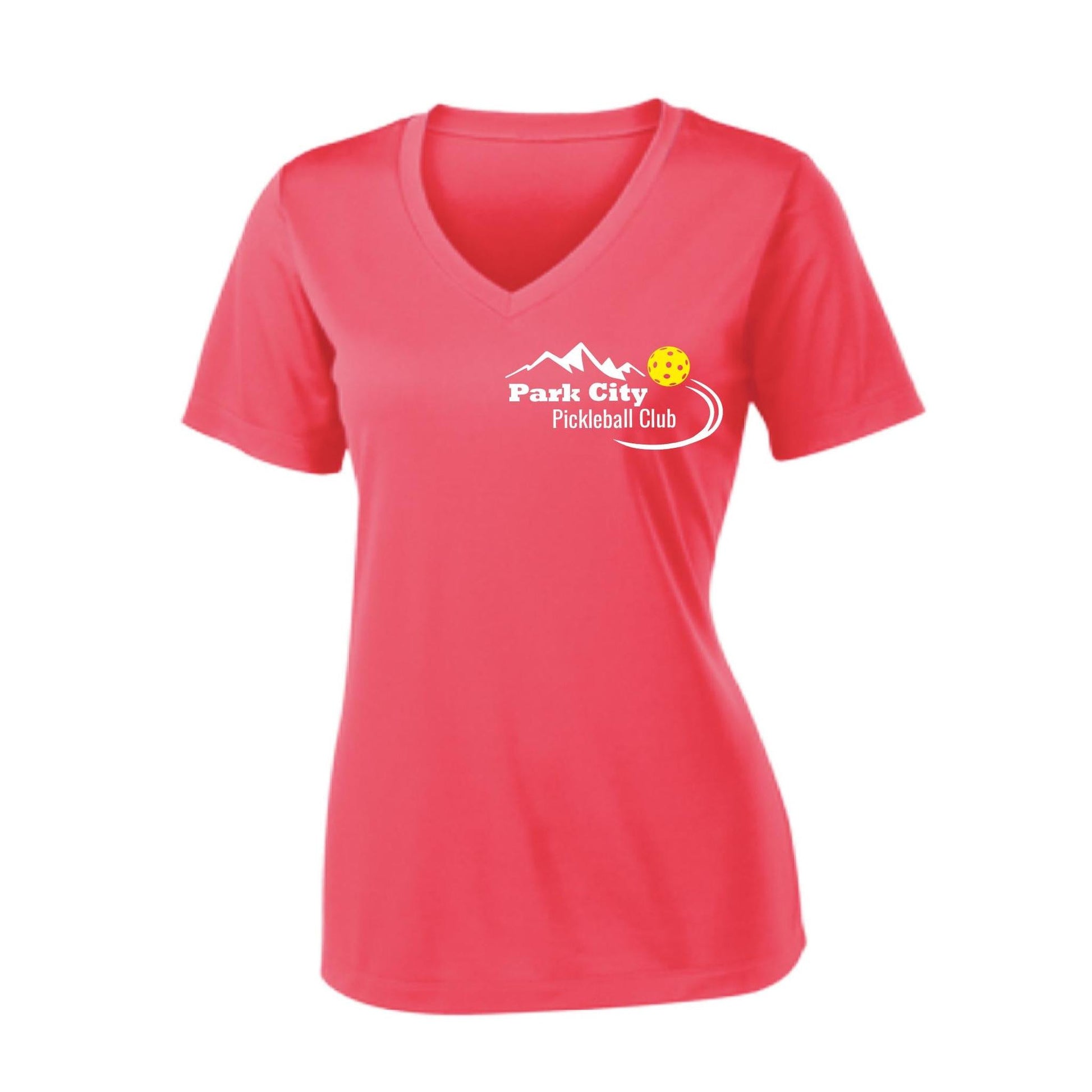 Park City Pickleball Club (White Words) Customizable | Women's Short Sleeve V-Neck Pickleball Performance T-Shirts | 100% Polyester