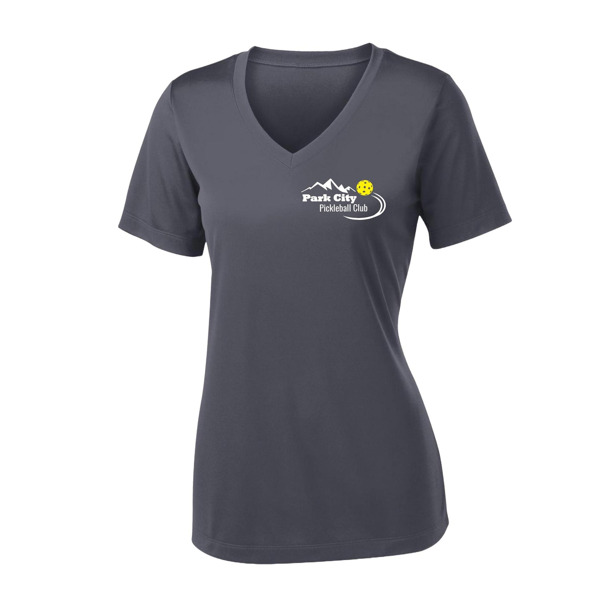 Park City Pickleball Club (White Words) Customizable | Women's Short Sleeve V-Neck Pickleball Performance T-Shirts | 100% Polyester