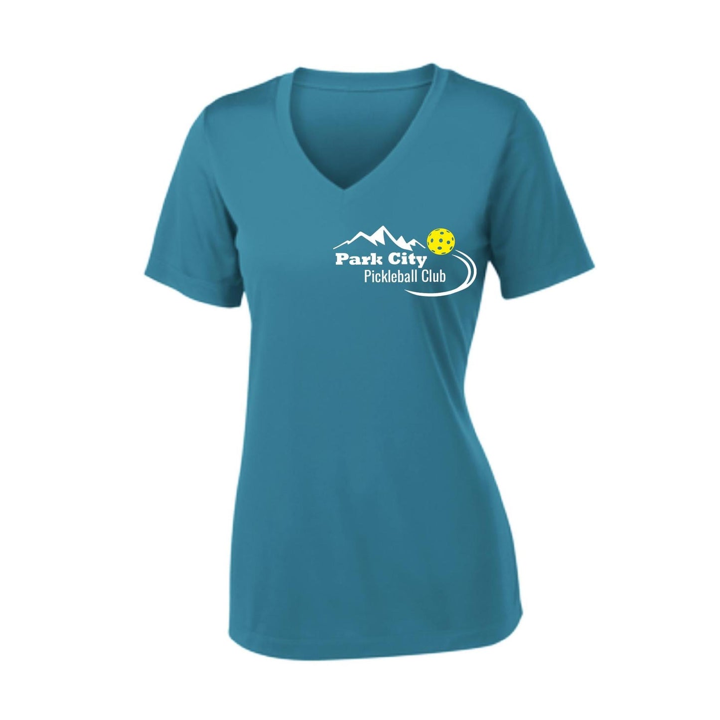 Park City Pickleball Club (White Words) Customizable | Women's Short Sleeve V-Neck Pickleball Performance T-Shirts | 100% Polyester