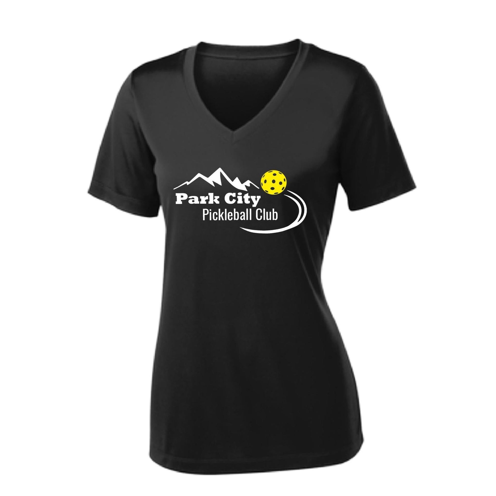 Park City Pickleball Club (White Words) Customizable | Women's Short Sleeve V-Neck Pickleball Performance T-Shirts | 100% Polyester
