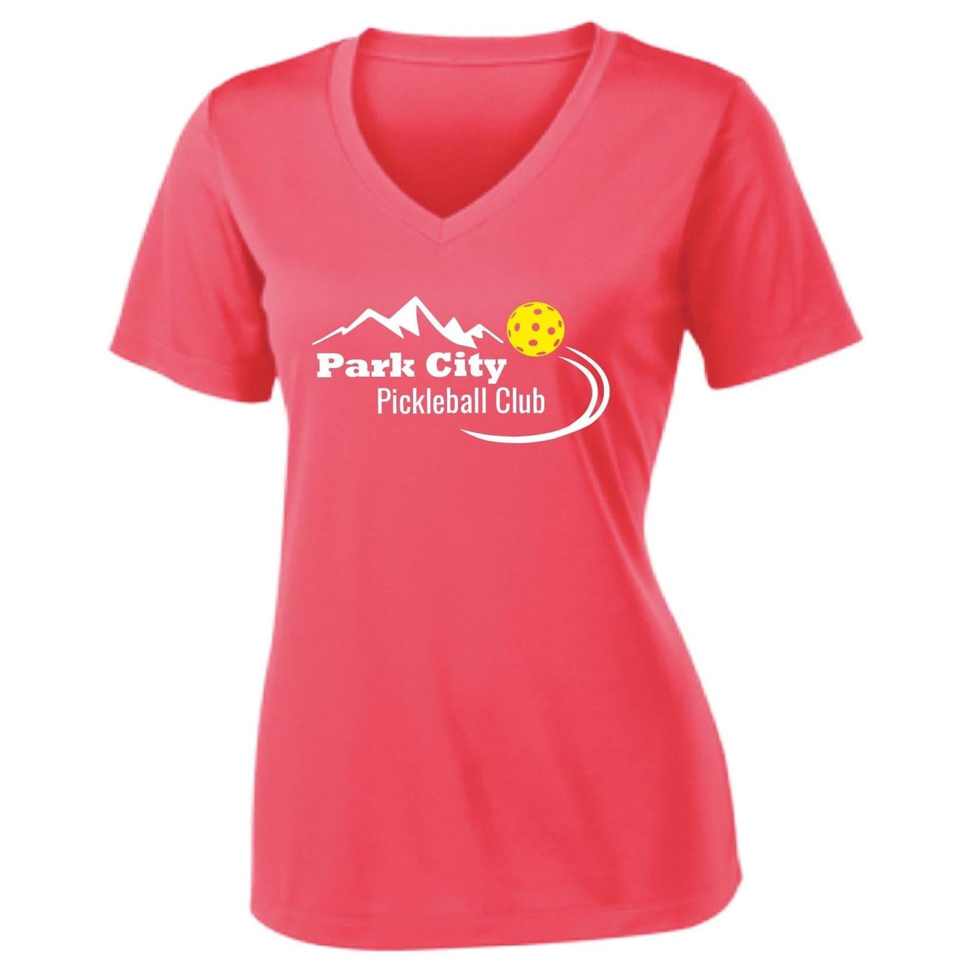 Park City Pickleball Club (White Words) Customizable | Women's Short Sleeve V-Neck Pickleball Performance T-Shirts | 100% Polyester