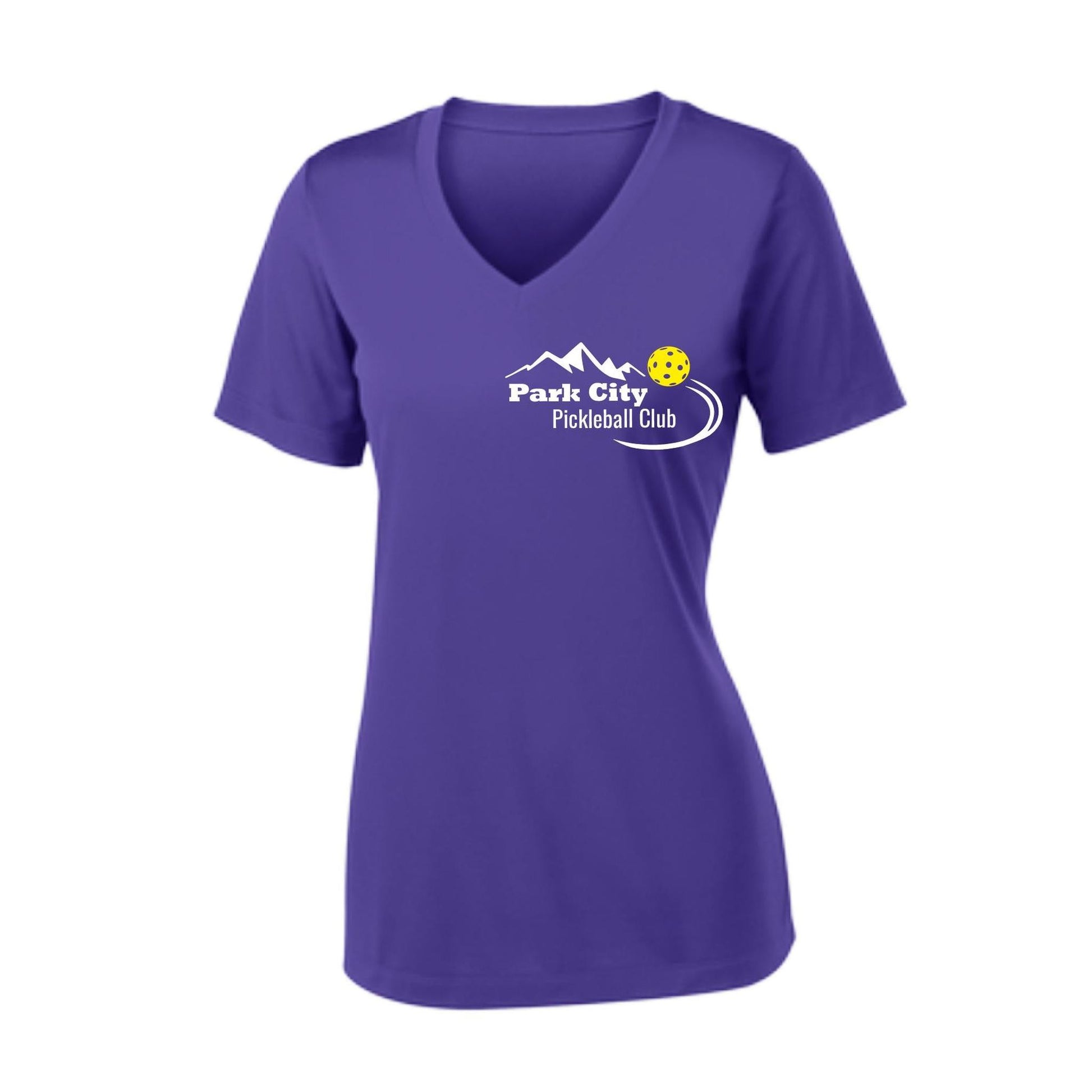 Park City Pickleball Club (White Words) Customizable | Women's Short Sleeve V-Neck Pickleball Performance T-Shirts | 100% Polyester