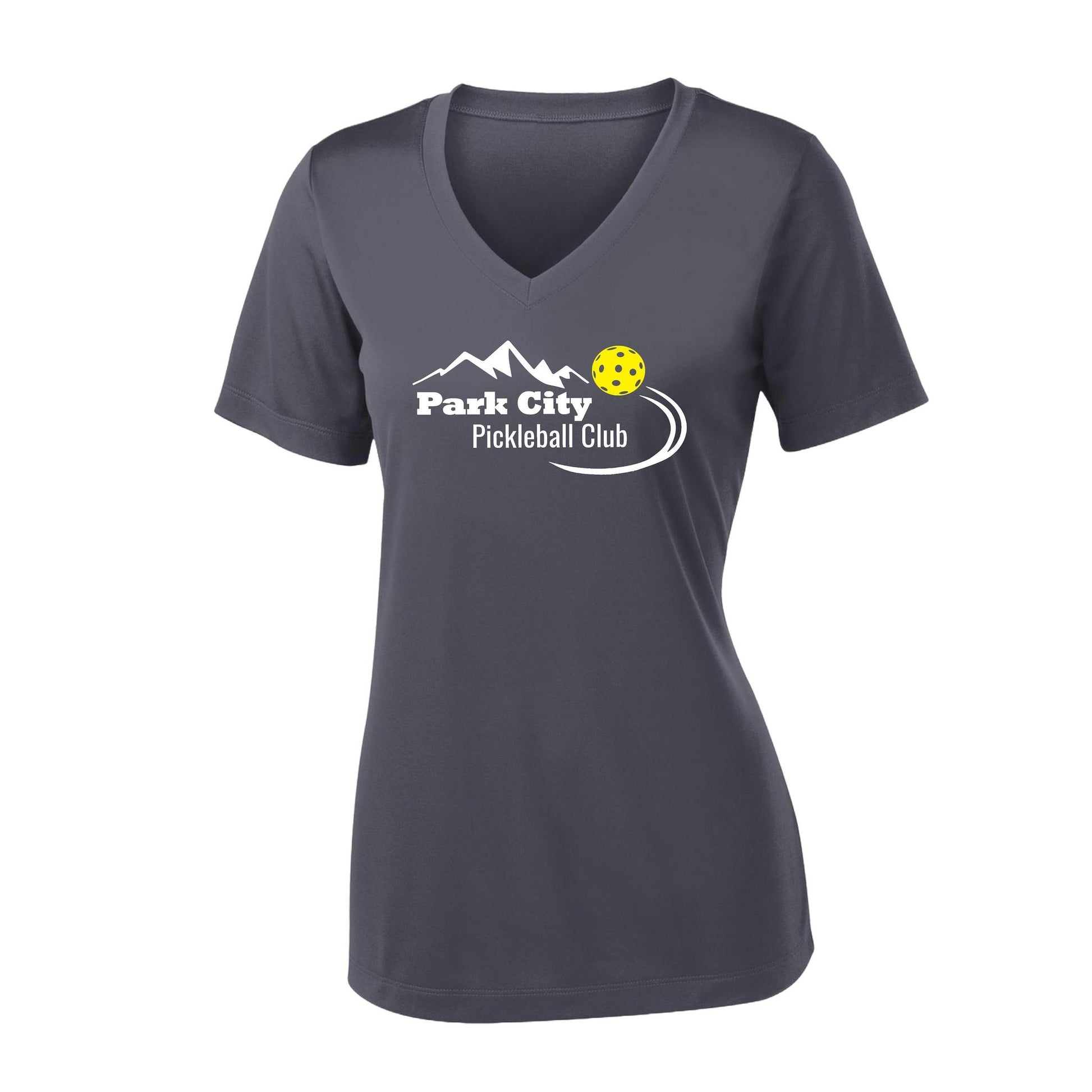 Park City Pickleball Club (White Words) Customizable | Women's Short Sleeve V-Neck Pickleball Performance T-Shirts | 100% Polyester