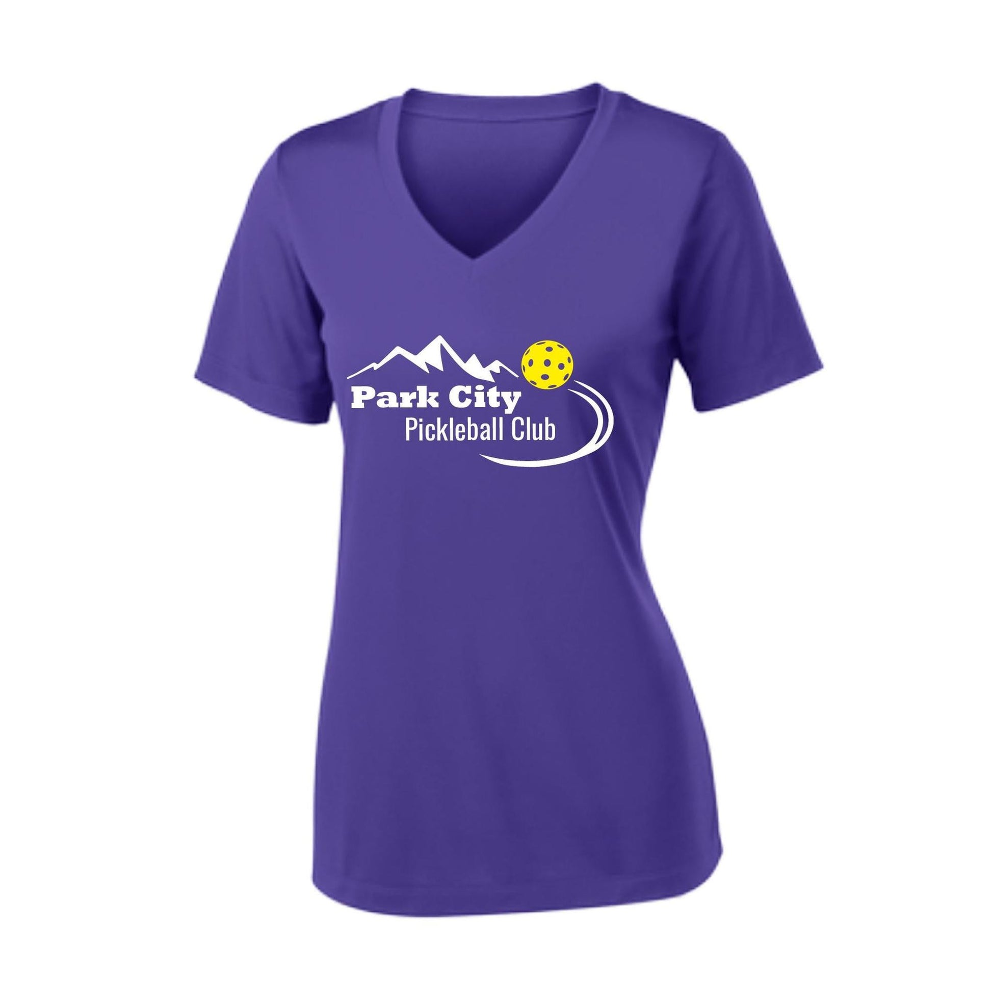 Park City Pickleball Club (White Words) Customizable | Women's Short Sleeve V-Neck Pickleball Performance T-Shirts | 100% Polyester