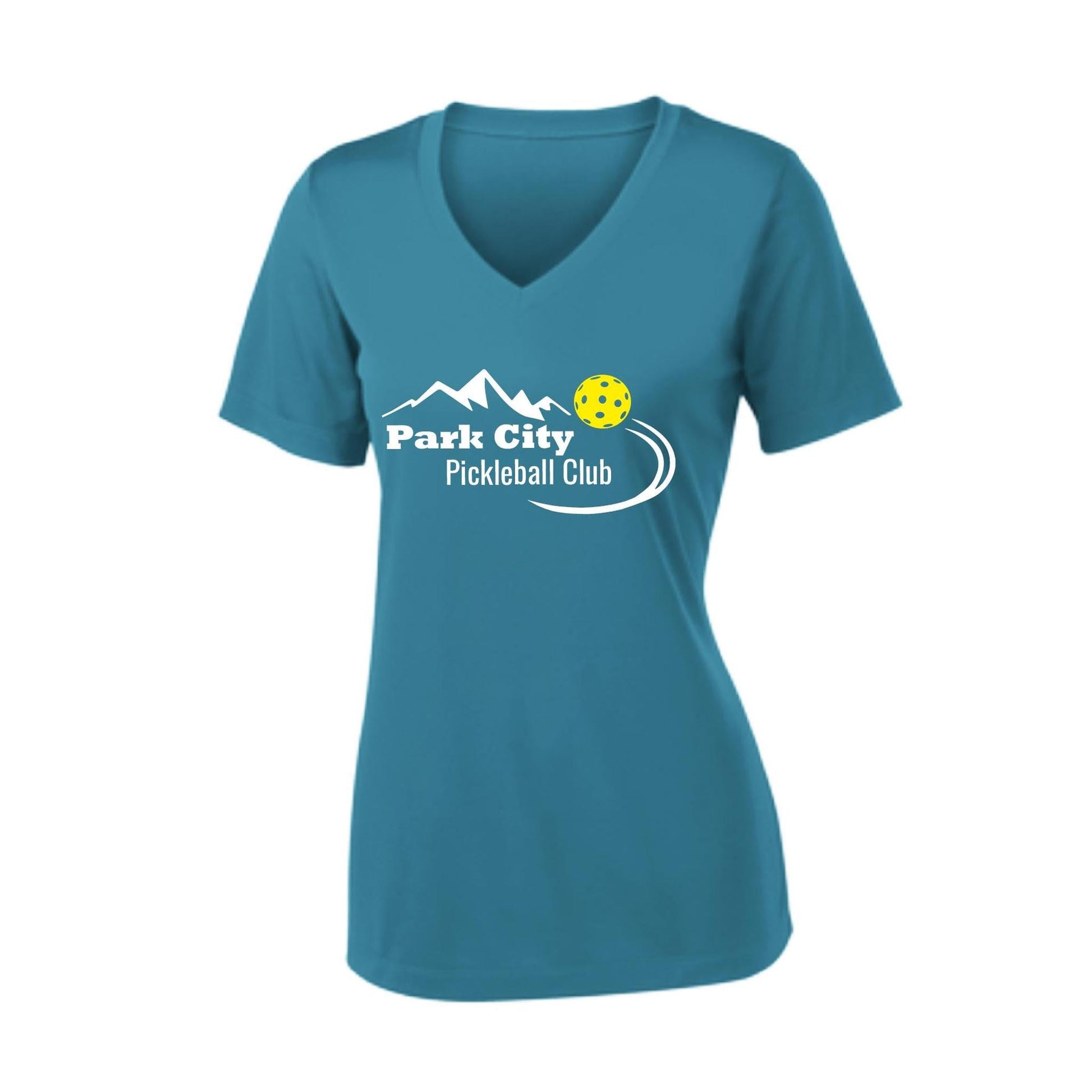 Park City Pickleball Club (White Words) Customizable | Women's Short Sleeve V-Neck Pickleball Performance T-Shirts | 100% Polyester