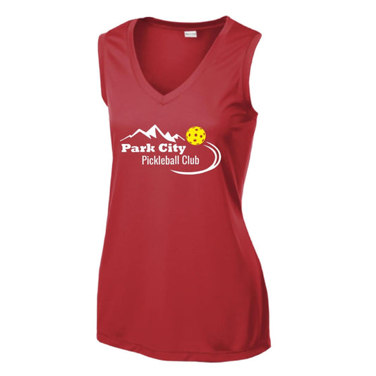 Park City Pickleball Club (White Words) Customizable | Women’s Sleeveless Athletic Performance T-Shirt | 100% Polyester