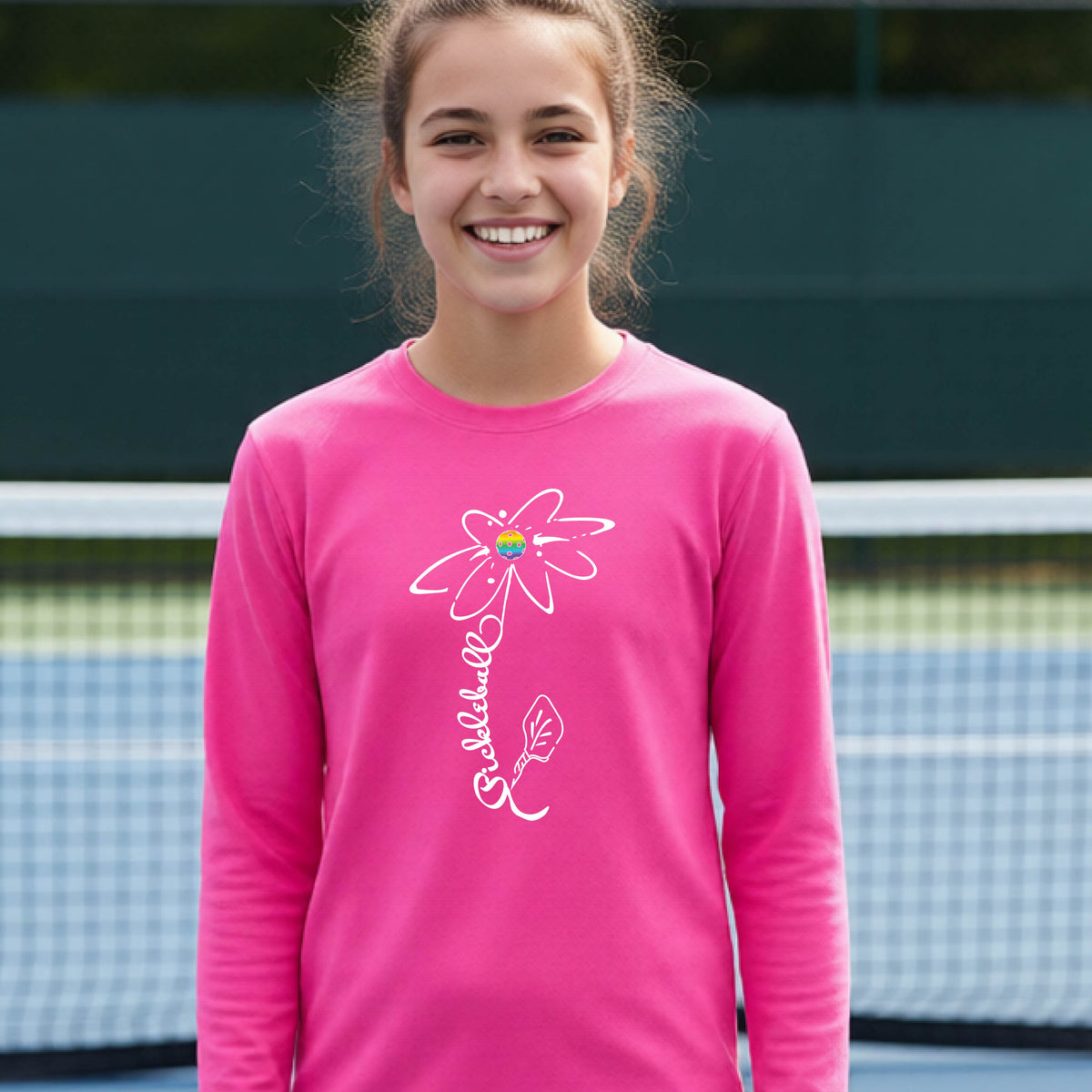 A youth wearing a pink long-sleeve t-shirt with a pickleball graphic of a flower with a colorful pickleball as the center with  the stem made of the word ‘PICKLEBALL’ and the leaf is a pickleball paddle, standing on a pickleball court.