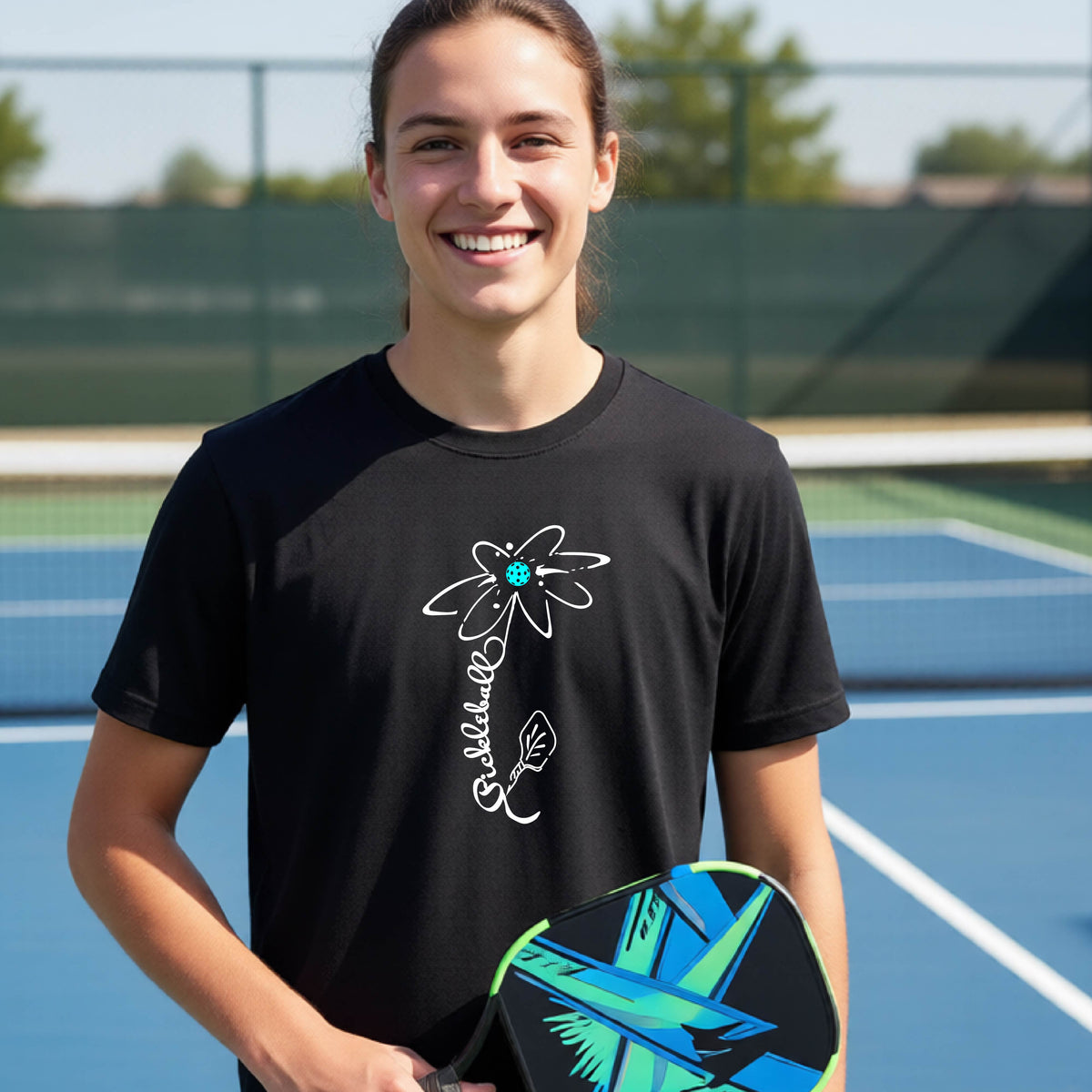 A teenager wearing a black short-sleeve  t-shirt with a pickleball graphic of a flower with a flower that has a colorful pickleball as the center and the stem is made of the word ‘PICKLEBALL’ and the leaf is a pickleball paddle, standing on a pickleball court.