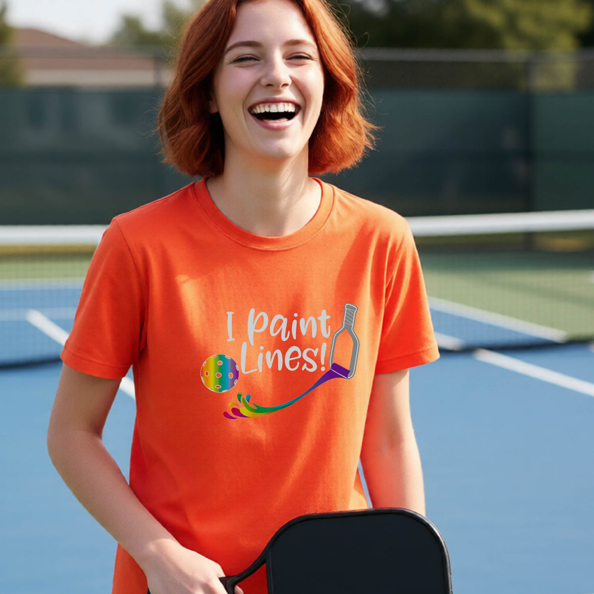 A young adult on an outdoor pickleball court wearing an orange short-sleeve t-shirt with a graphic that reads 'THIS IS MY PICKLEBALL SHIRT' in white with a yellow pickleball graphic on the back.