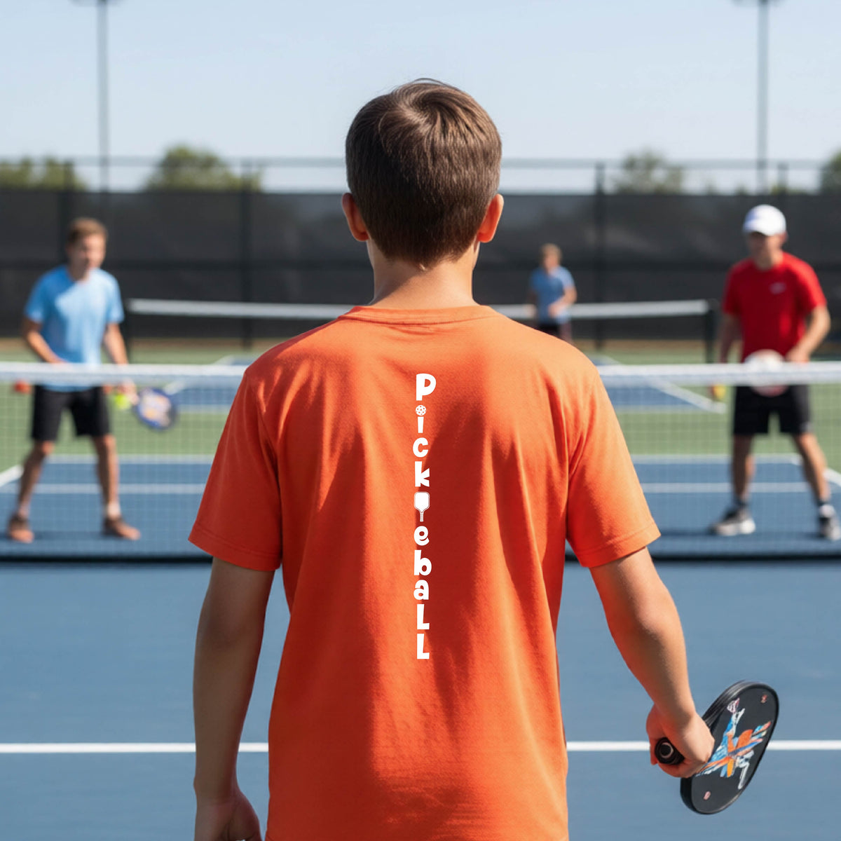 A young person wearing an orange short-sleeve t-shirt with a white graphic text 'PICKLEBALL' on the back with a pickleball paddle replacing the L, standing on a pickleball court.