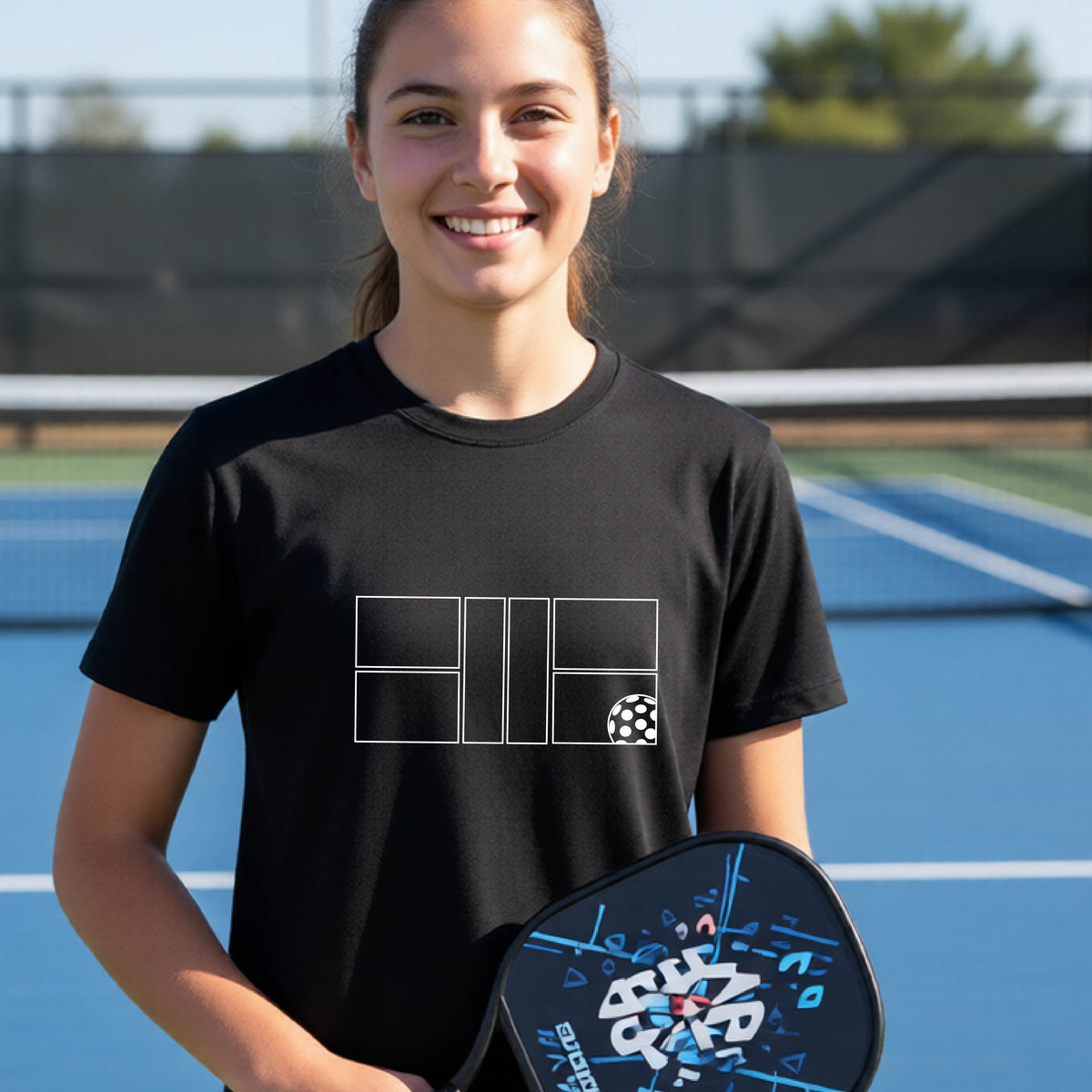 A young person laughing on a pickleball court, wearing a black short-sleeve t-shirt with a white geometric graphic on the front of pickleball court and pickleball.