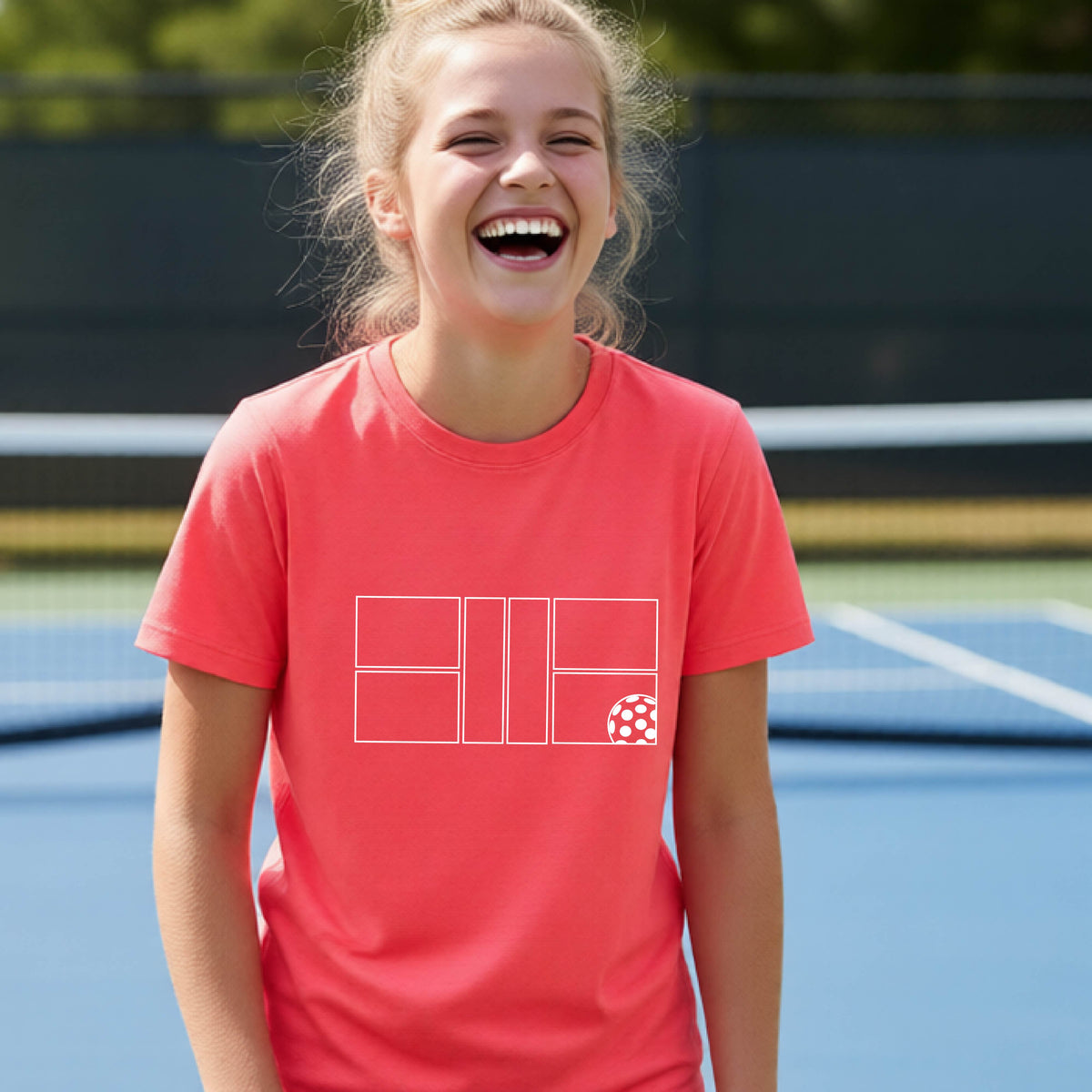A young person laughing on a pickleball court, wearing a coral pink short-sleeve t-shirt with a white geometric graphic on the front of pickleball court and pickleball.