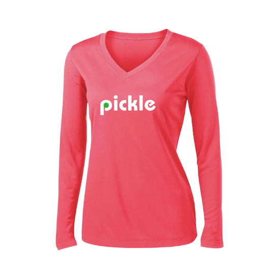 Pickle (Customizable) | Women's Long Sleeve V-Neck Pickleball Performance T-Shirts | 100% Polyester