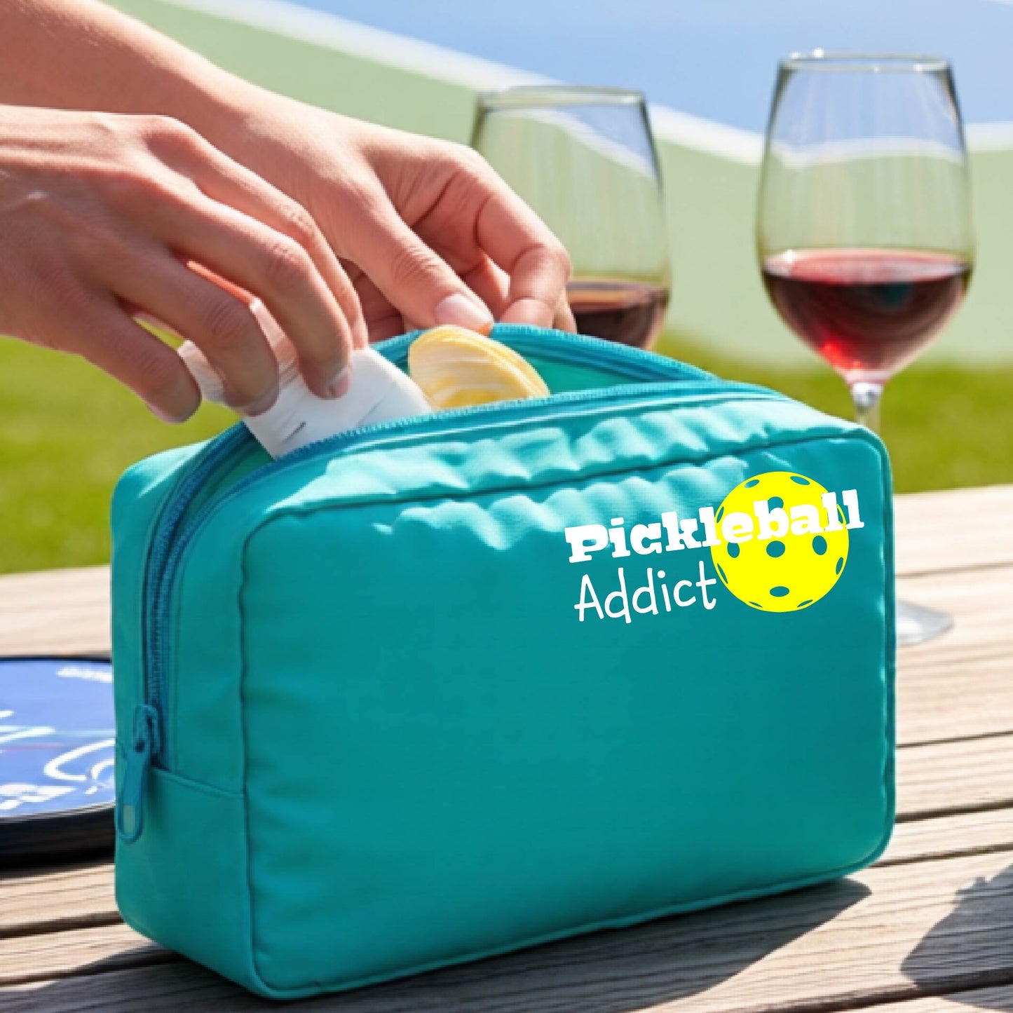 An aqua blue zippered cosmetic pouch with a printed white 'Pickleball Addict' logo with a yellow pickleball graphic.