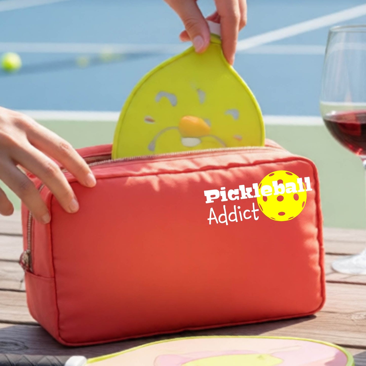 A coral-colored zippered cosmetic pouch with a printed white 'Pickleball Addict' logo with a yellow pickleball graphic.