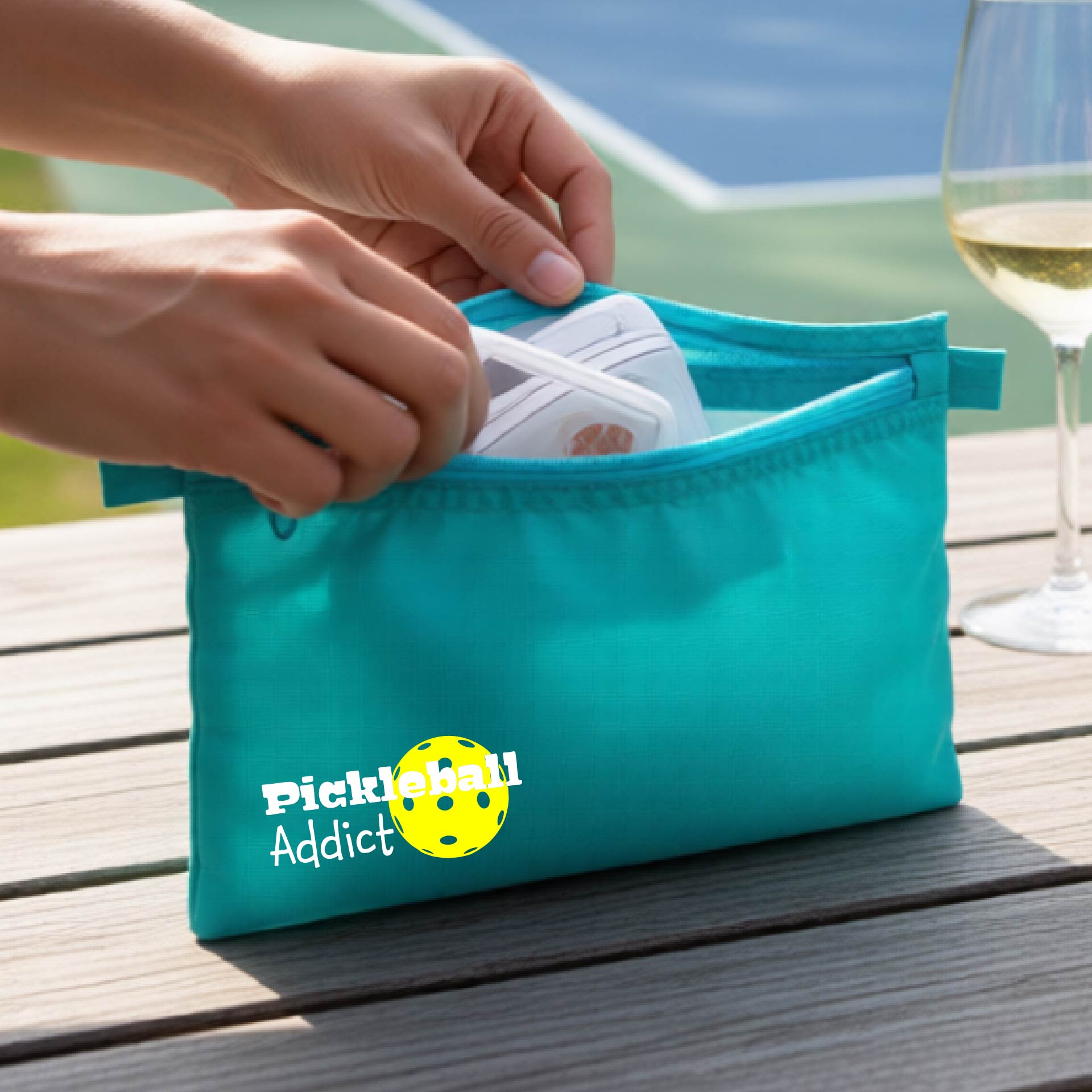 A aqua blue zippered pouch with 'Pickleball Addict' printed on the front, with a blurred pickleball court in the background.