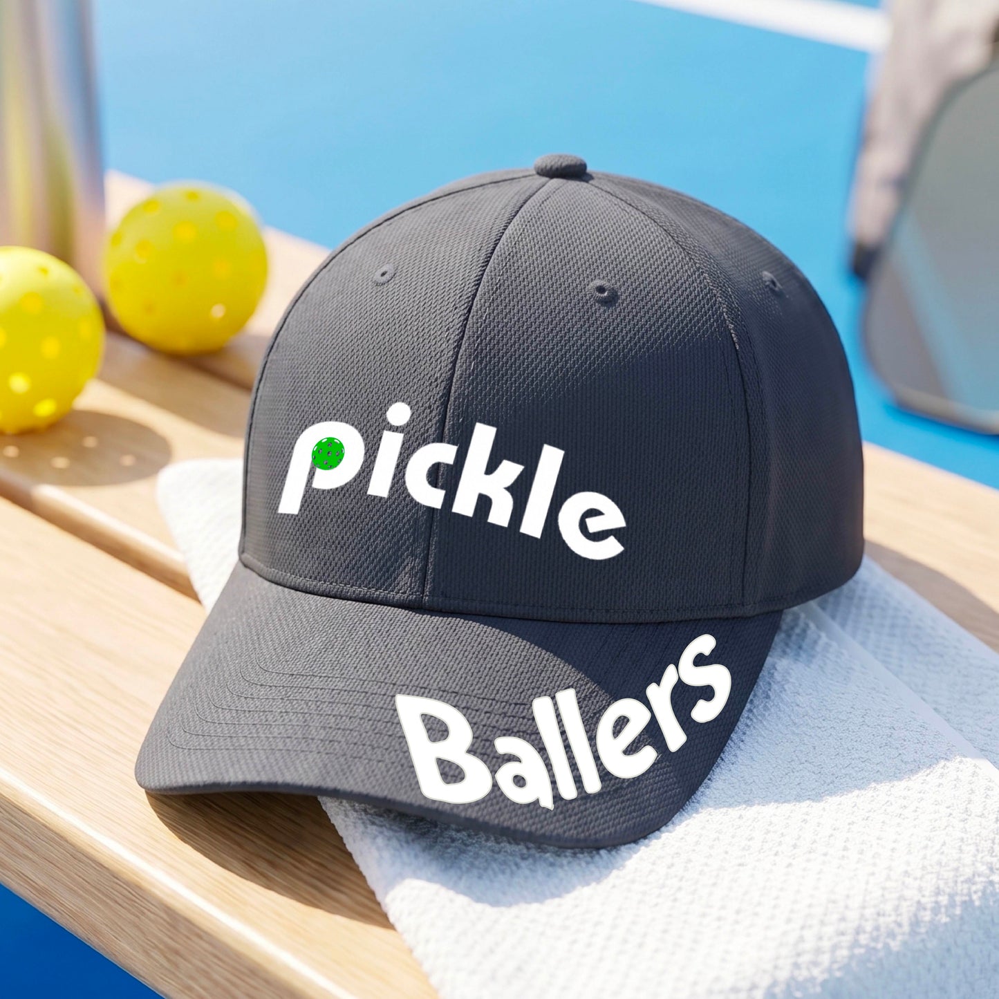 A close up of a graphite gray mid-profile pickleball baseball cap with the text 'pickle' across the front and 'ballers' curved on the brim. 