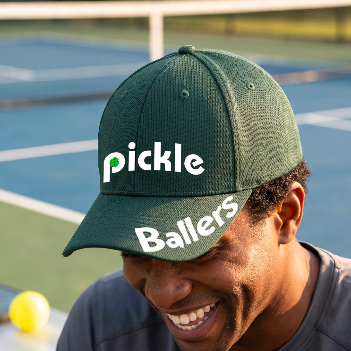 A close up of a green mid-profile pickleball baseball cap with the text 'pickle' across the front and 'ballers' curved on the brim. 