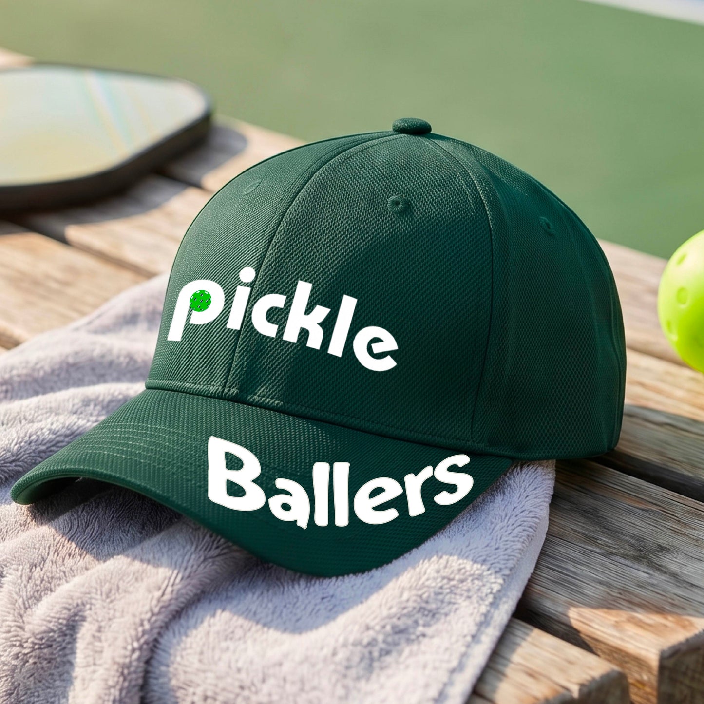 A close up of a green mid-profile pickleball baseball cap with the text 'pickle' across the front and 'ballers' curved on the brim. 