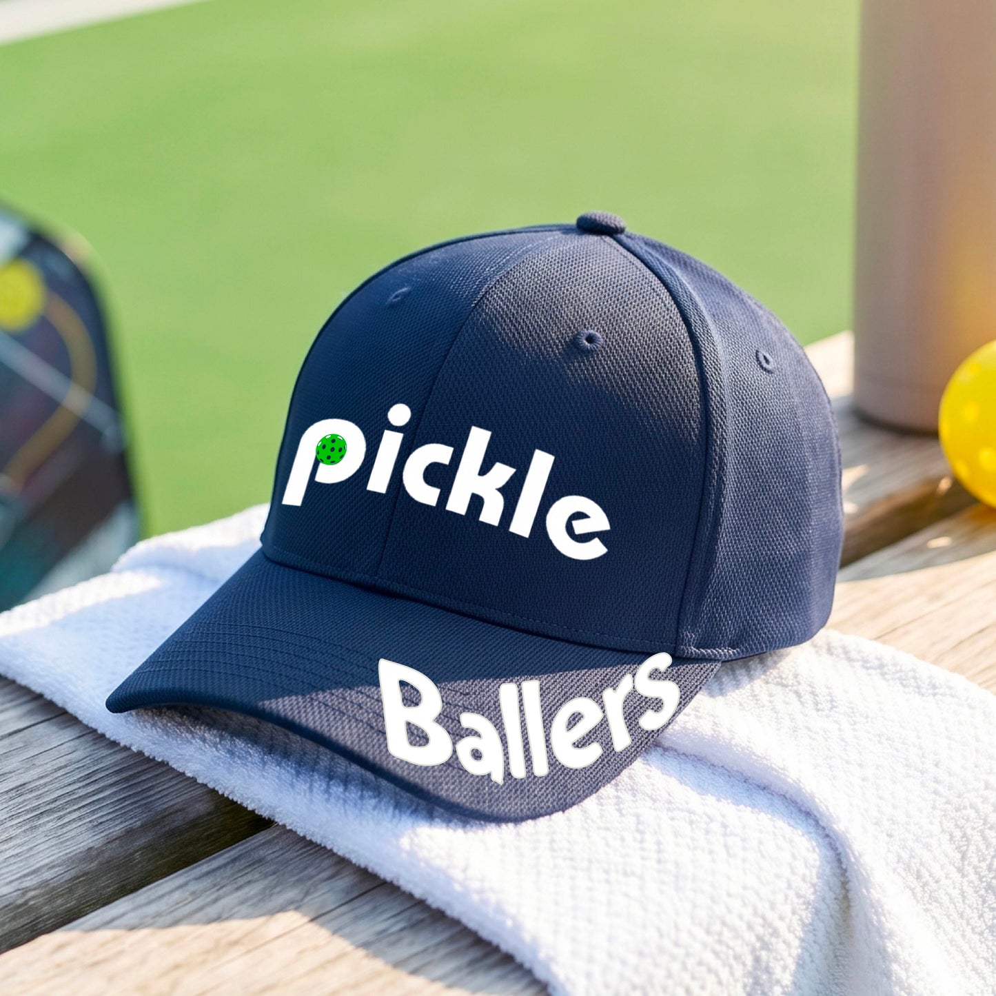 A close up of a navy blue mid-profile pickleball baseball cap with the text 'pickle' across the front and 'ballers' curved on the brim. 