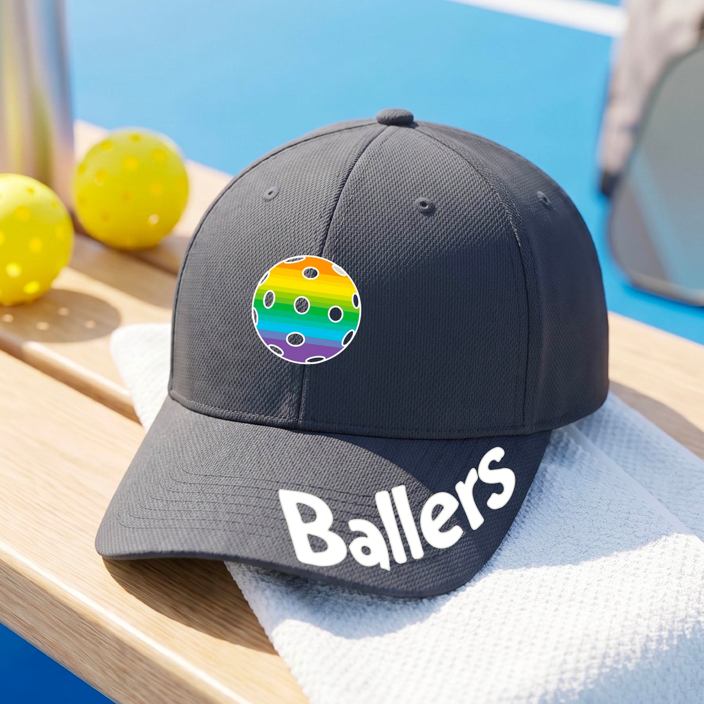 A close up of a graphite gray baseball cap with a pickleall graphic on the front and the word 'Ballers' in white on the brim.