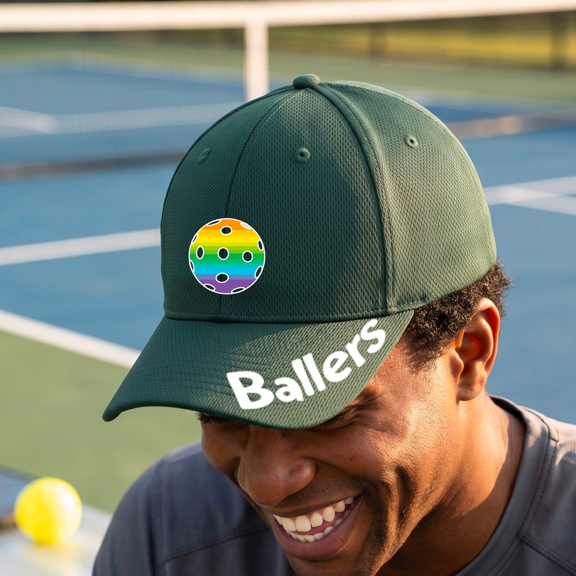A person on a pickleball court wearing a green baseball cap with a pickleball graphic on the front and the word 'Ballers' in white on the brim.