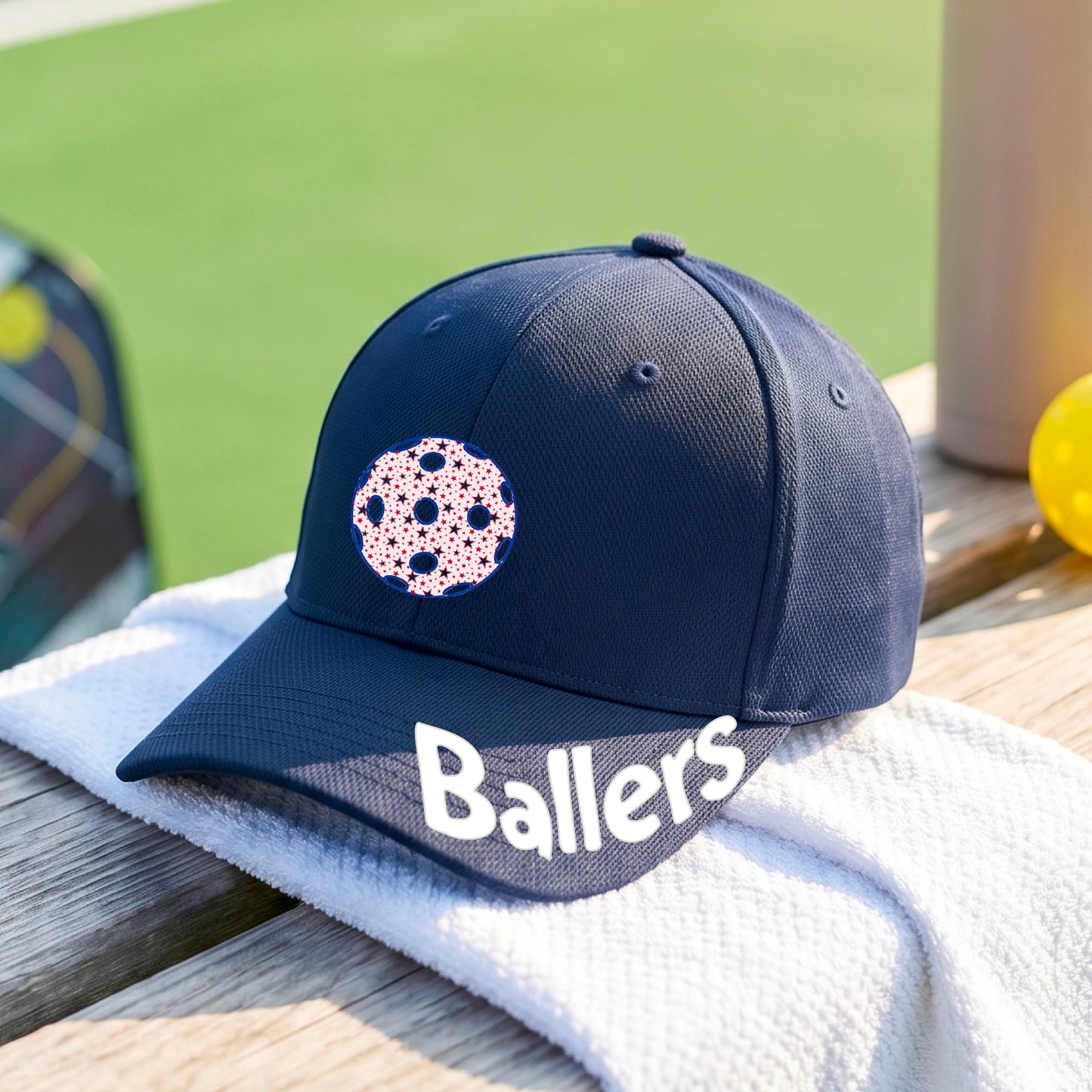 A close up of a navy blue baseball cap with a pickleall graphic on the front and the word 'Ballers' in white on the brim.