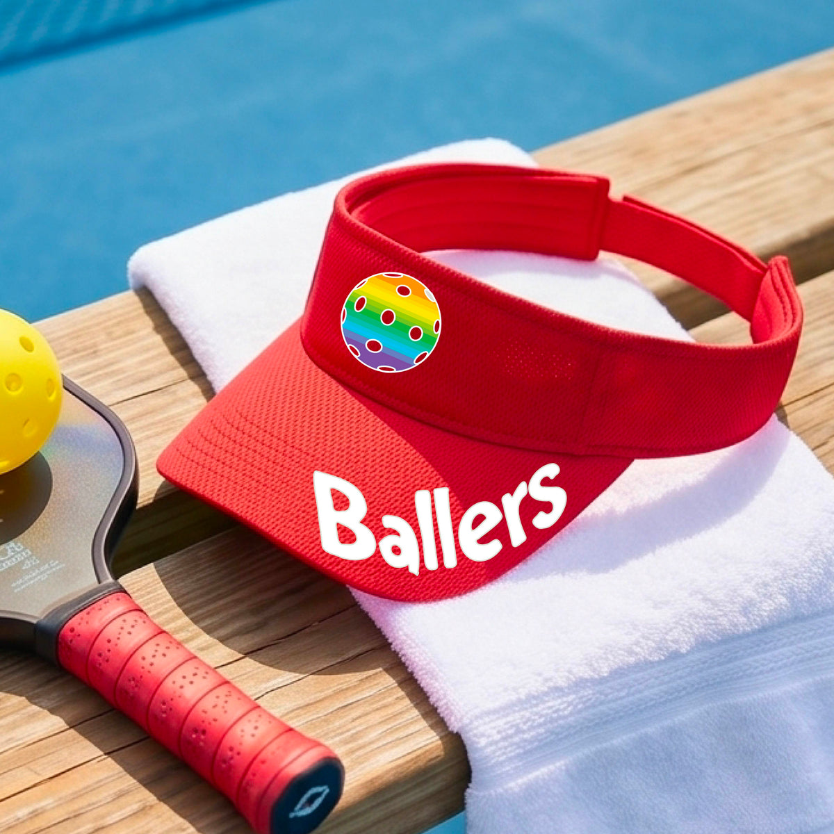 A close up of a red visor with pickleball graphic and the word 'Ballers' in white,.