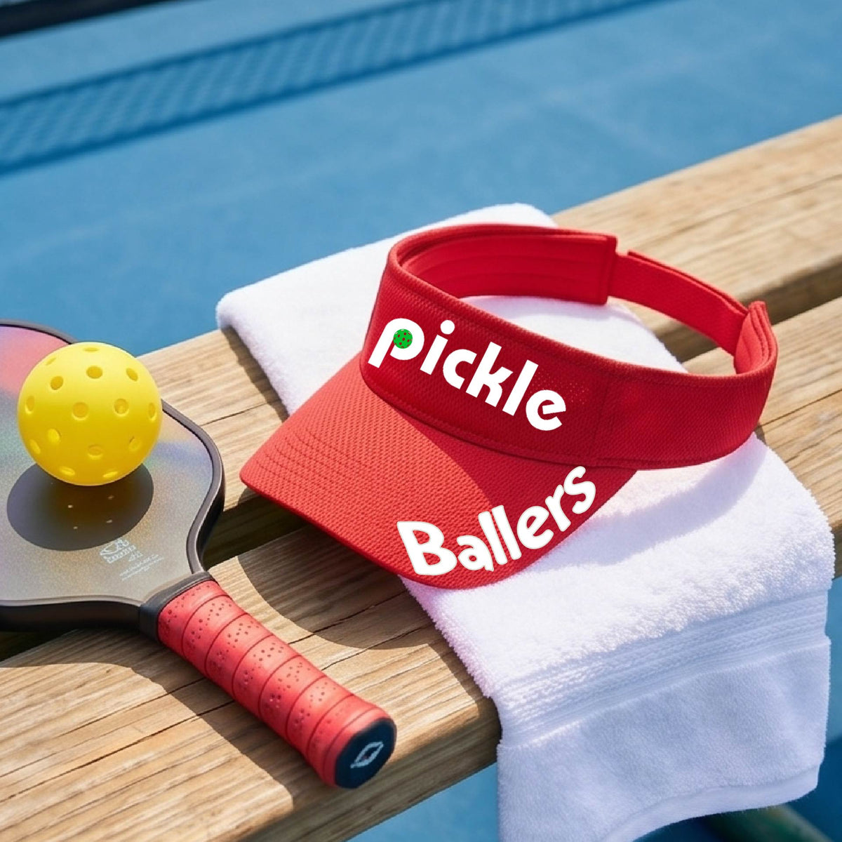 A close up of a red visor with a pickleball graphic of 'pickle' and 'Ballers' printed in white on the front and brim.
