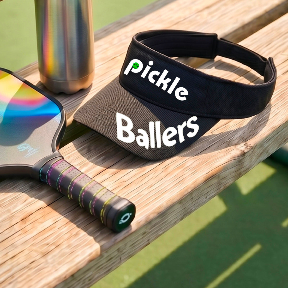 A close up of a black visor with a pickleball graphic of 'pickle' and 'Ballers' printed in white on the front and brim.