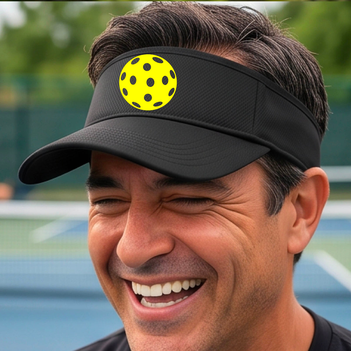 A close-up of a person  wearing a black visor with a pickleball graphic, set against a blurred pickleball court background.